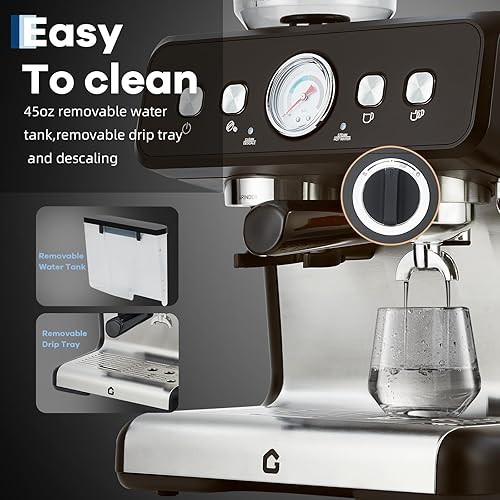 Miniatura 6 de Garvee Máquina de café expreso de acero inoxidable con molinillo y presión de 20 bares, tanque de agua extraíble de 2.8 L, varita de vapor