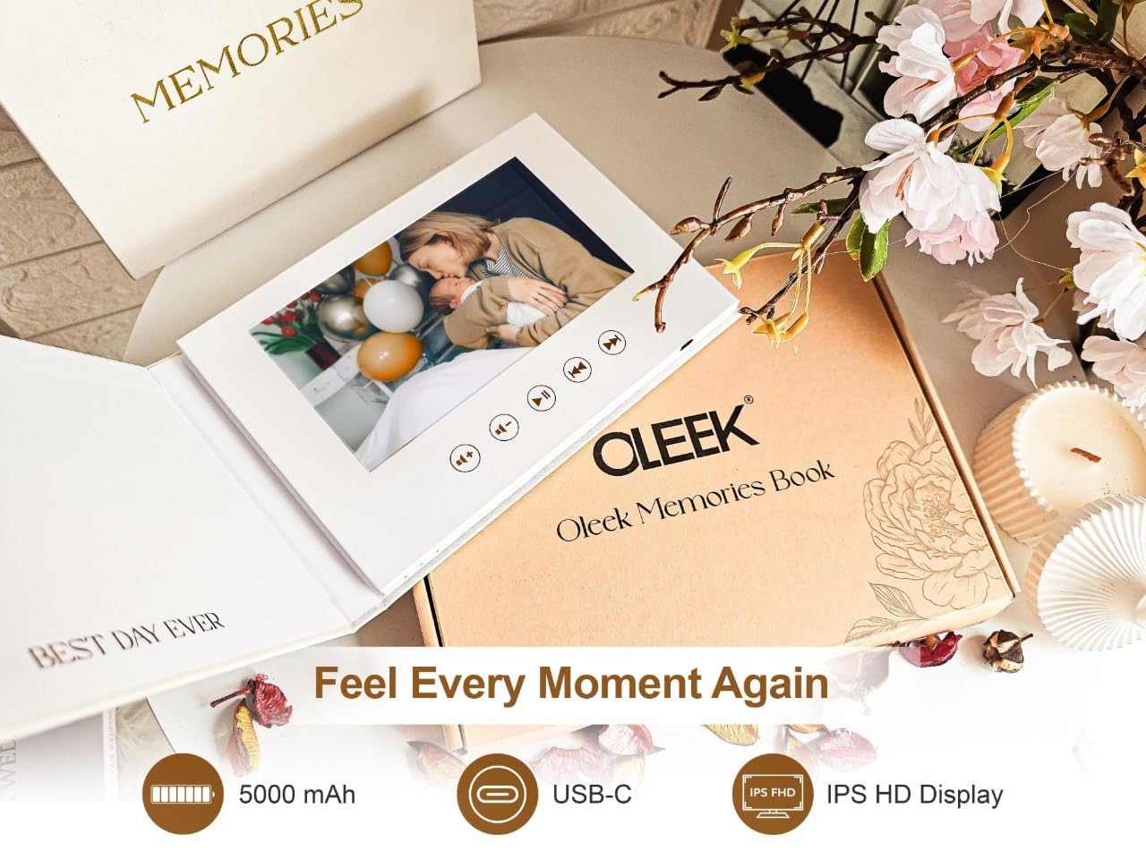 OLEEK Digitales Erinnerungsbuch (16 GB) - Hochzeitsbuch mit 17,8 cm IPS-HD-Display - Hochzeitsvideobuch - Hochzeitsalbum Buch - Baby-Erinnerungsbuch - Jubiläumsgeschenke - Hochzeitsgeschenk