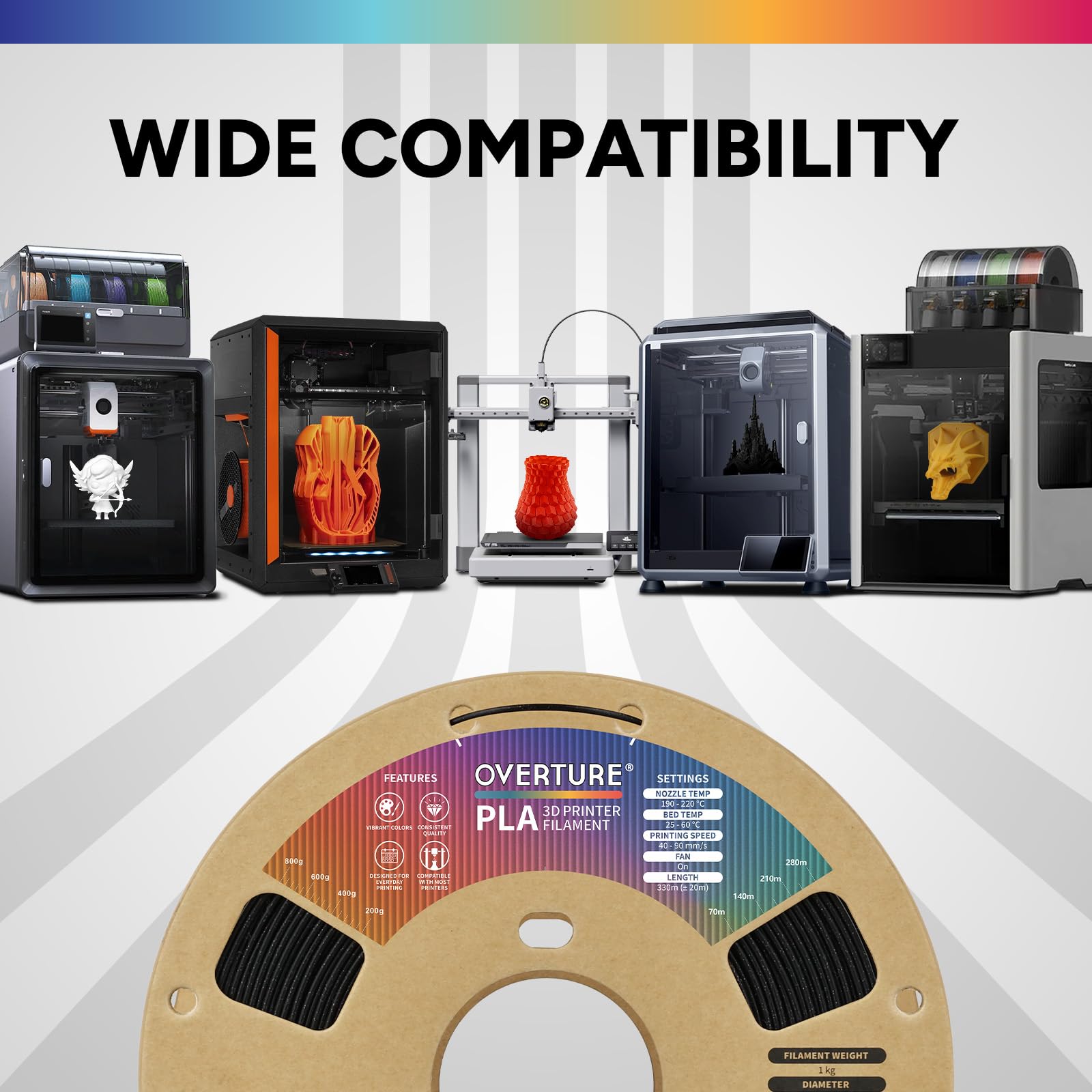 OVERTURE Filamento PLA 1.75mm - Bobina 1kg (2,2lbs) Precisione ±0.02mm, in Cartone Riciclato | Compatibile Stampanti 3D FDM (Negro Brillante)