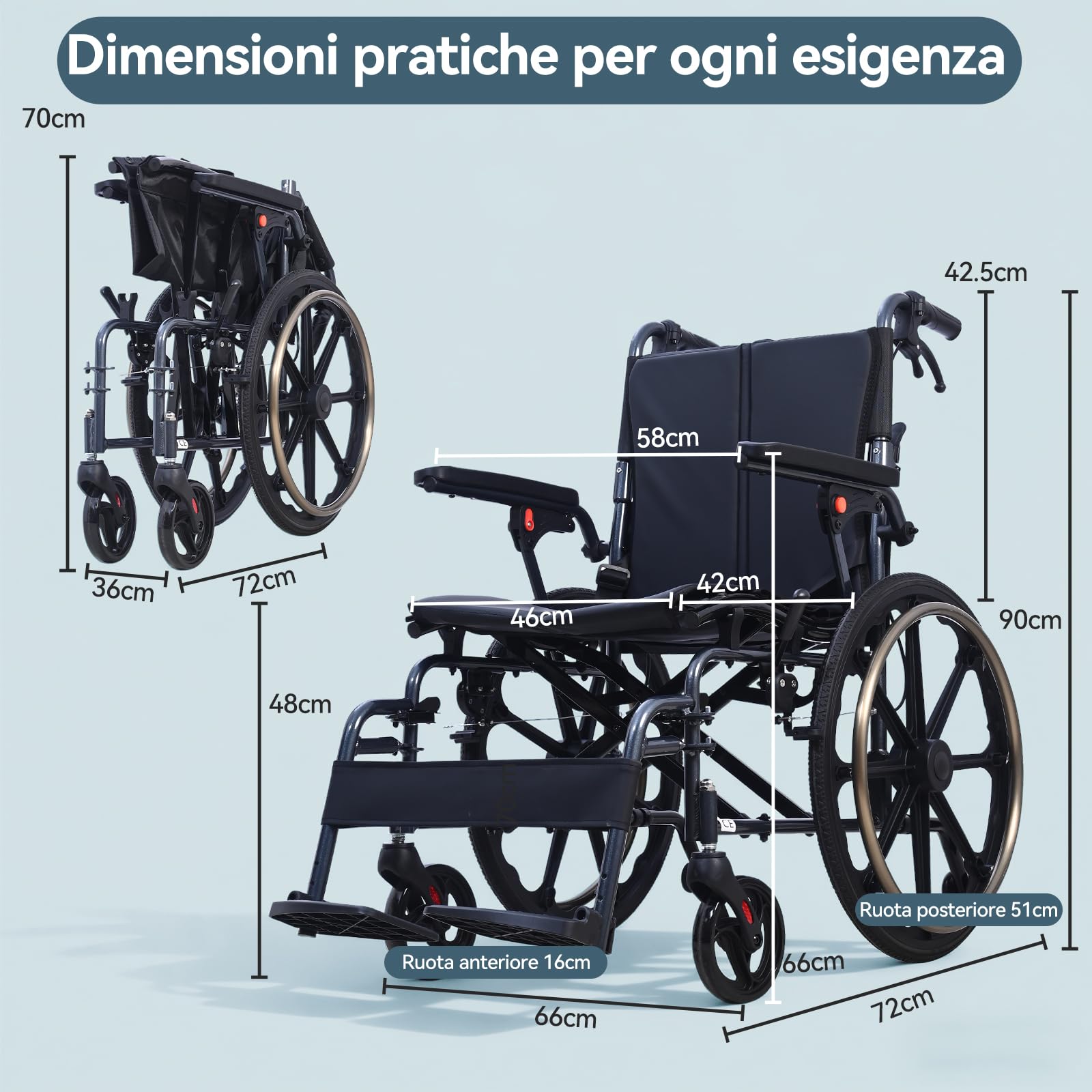 M4 Sedia a rotelle pieghevole autopropulsata per adulti(11KG), seduta ampia 46cm, con poggiapiedi rimovibili, ruote antiribaltamento e doppio sistema frenante, robusta e resistente, portata 100KG-Nero