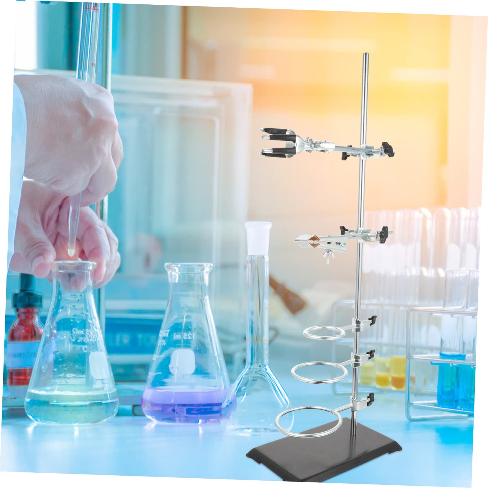 Support D’instruments de Laboratoire 60cm en Fer, Base Argenté | Poteau Unique 6 Supports, Hauteur Réglable, Format Compact pour Matériel de Chimie