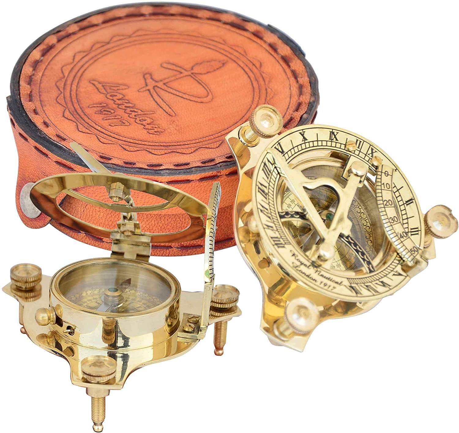 Boussole en laiton faite à la main, boussole de voyage, cadeau vintage pour randonnée, camping et voyage avec étui en cuir marron