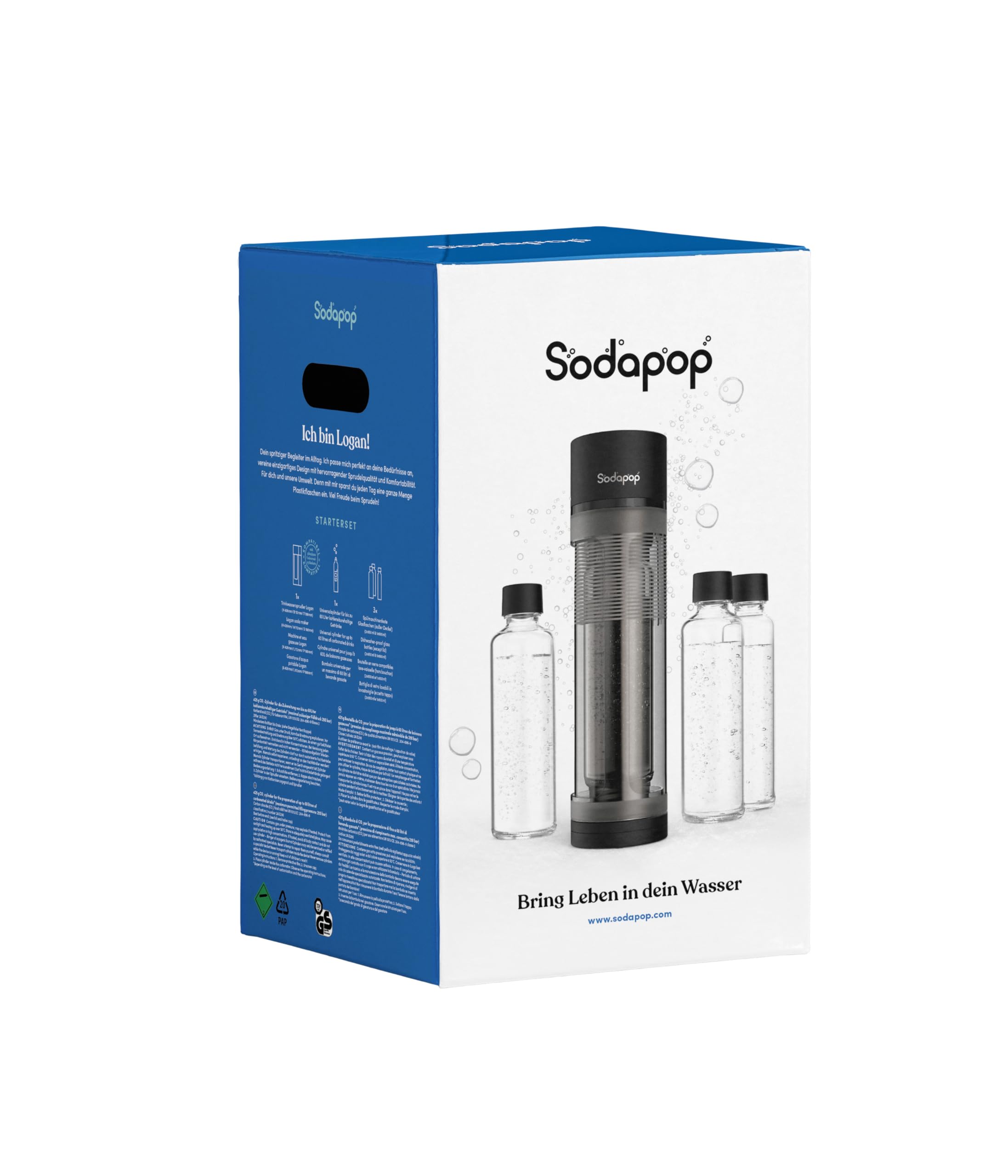 Sodapop Aeratore Logan Starter Set con cilindro CO₂ e 3 bottiglie di vetro, nero opaco, altezza 42,6 cm