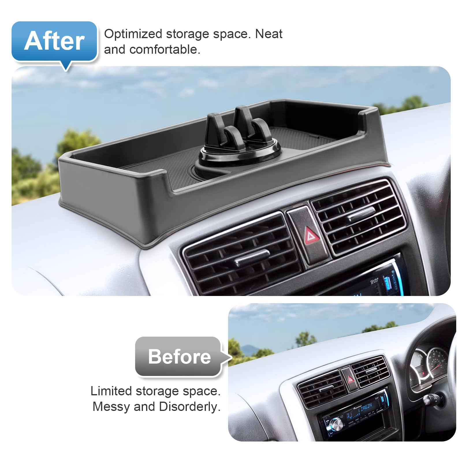 Vano Portaoggetti del Cruscotto Centrale Compatibile con Suzuki Jimny JB23 JB33 1998-2018, Console Centrale Portaoggetti, Organizer per Console Centrale con Tappetino Antiscivolo Nero