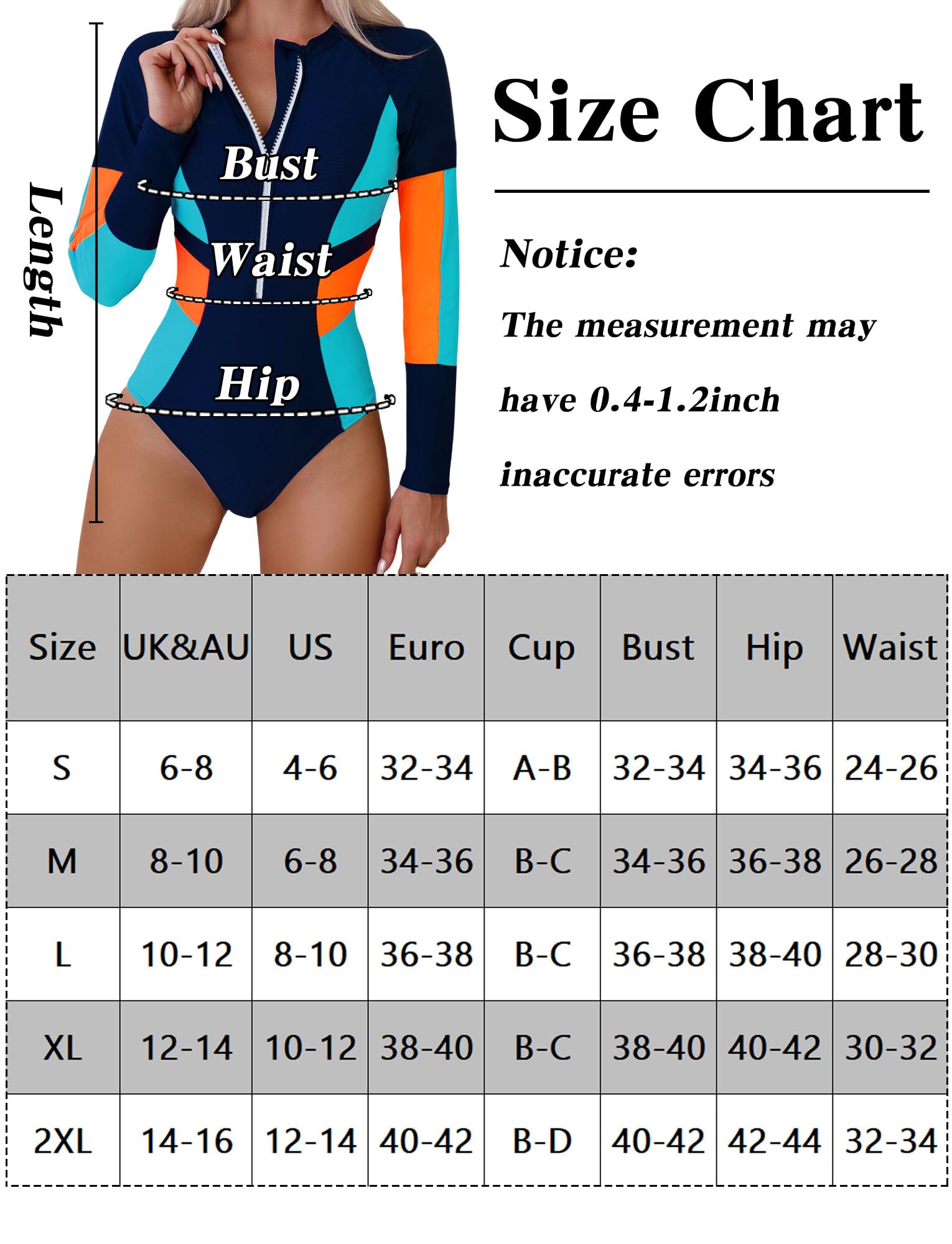 Maeau - Traje de Baño de Una Pieza para Mujer Mangas Largas con Cremallera Ropa de Baño Natación Bañadores de 1 Pieza Surf Verano - S-XXL
