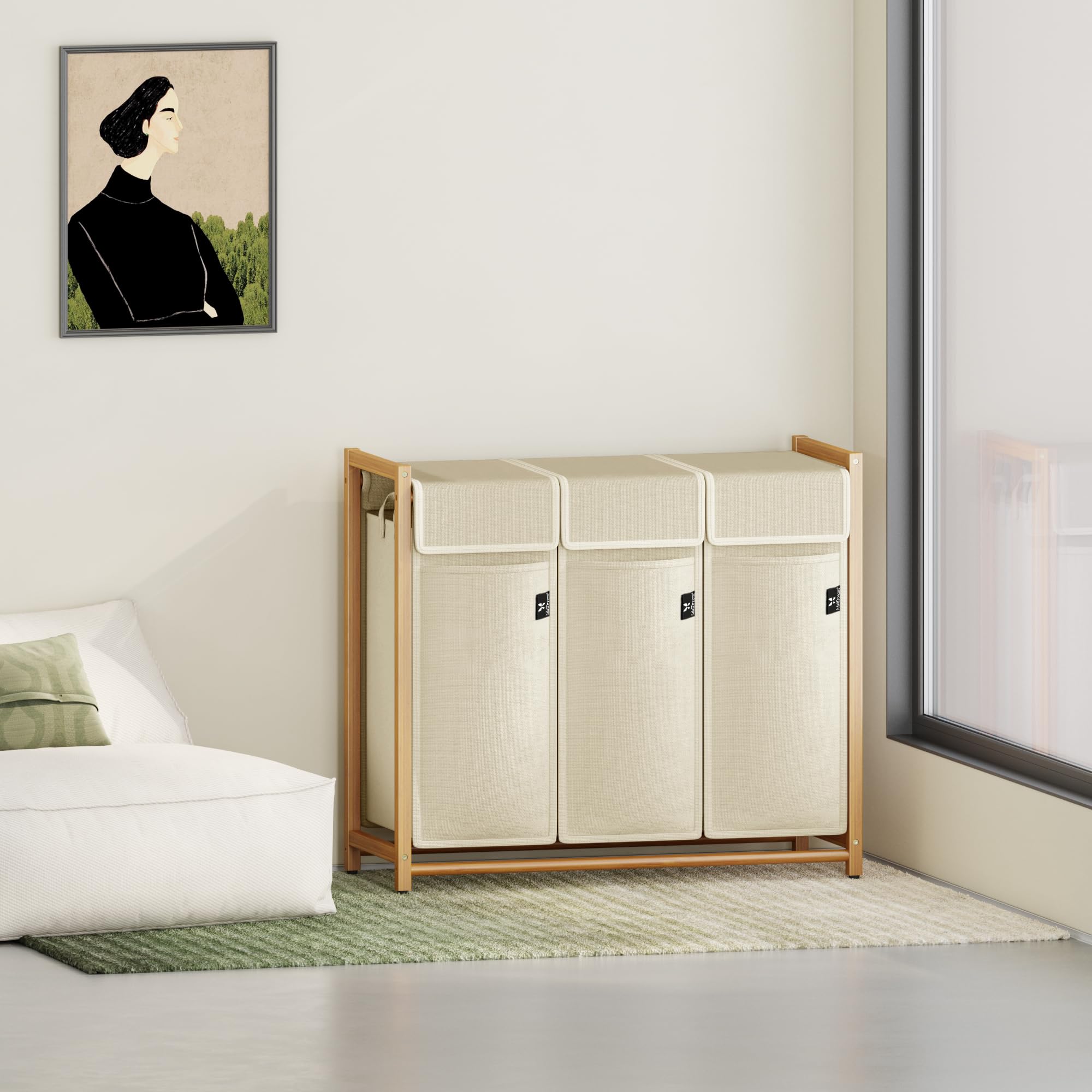 AdelDream Wäschekorb 150L, 3 Fächer Wäschesammler, Bambusrahmen | Wäschesortierer 3 x 50L, abnehmbarer Sack, atmungsaktiv, Beige