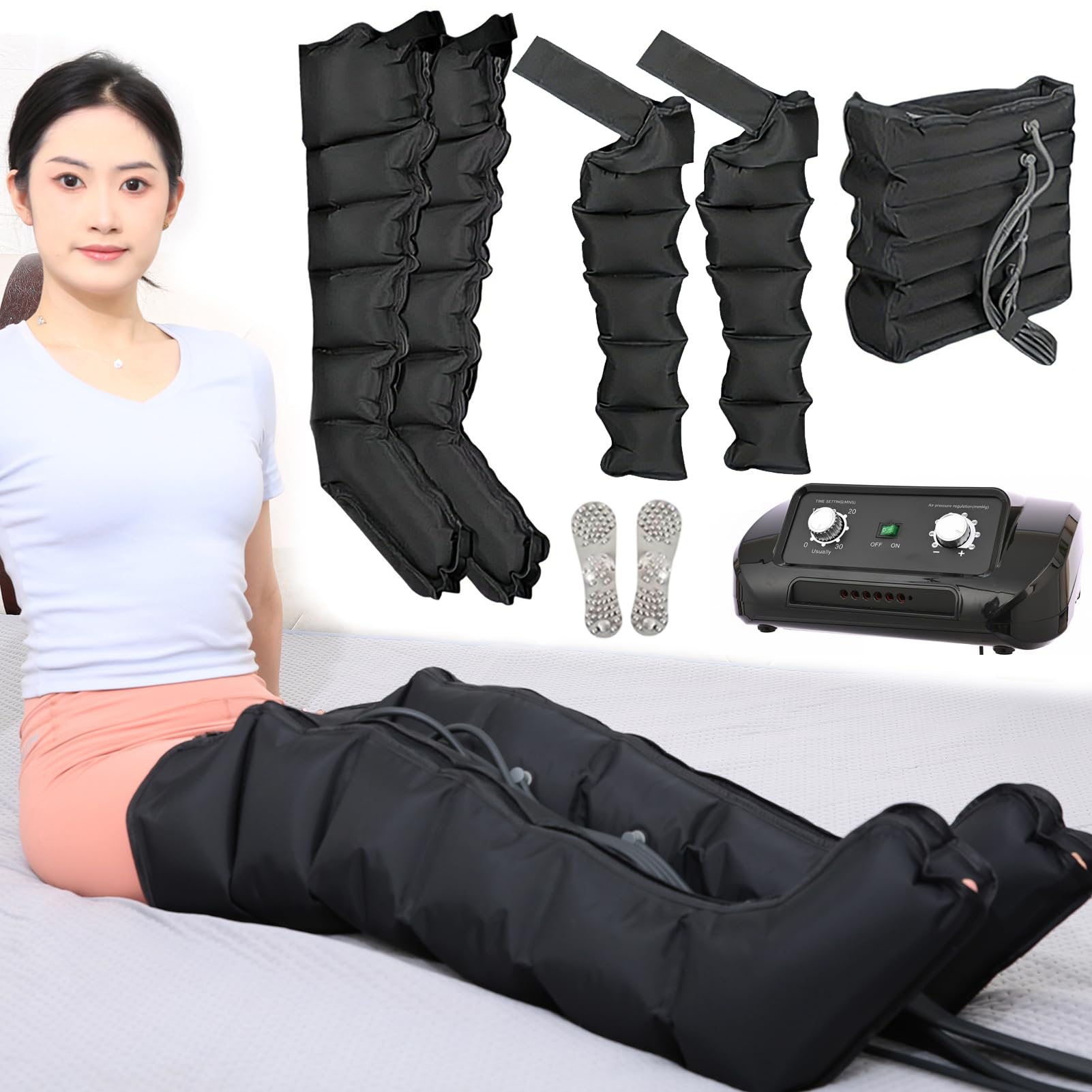 Presoterapia Piernas y Abdomen, Botas Presoterapia Piernas, Maquina de Presoterapia Profesional para Casa 6 Cámaras Masajeador de Piernas con Drenaje Linfático (Black 2arms+2legs+waist, 6cavity)