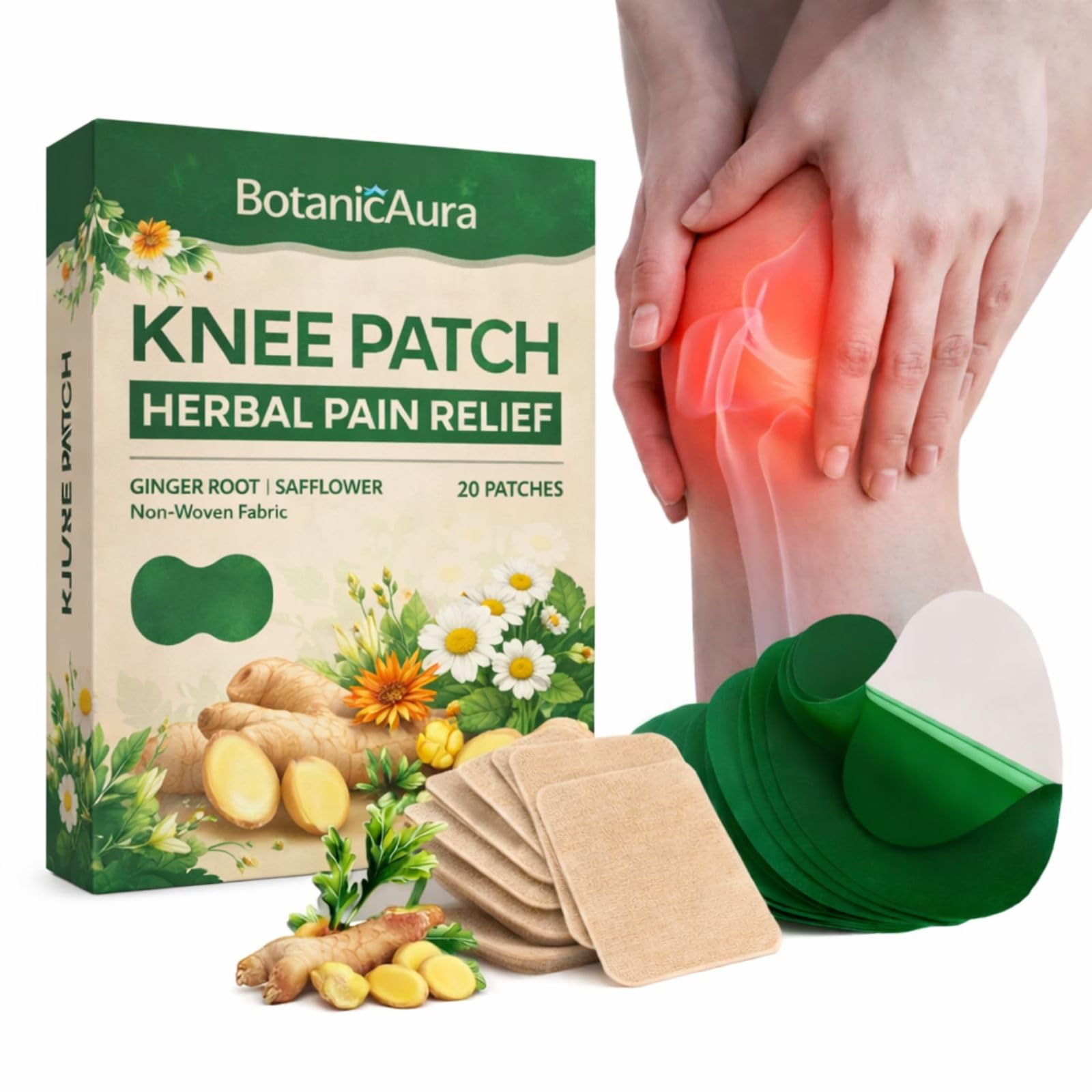 Herbal Knee Pain Relief Patches | Ginger Root, Safflower & Ginseng | Fast-Acting, Long-Lasting Relief Up to 12 Hours | Breathable Non-Woven Fabric | Pack of 20