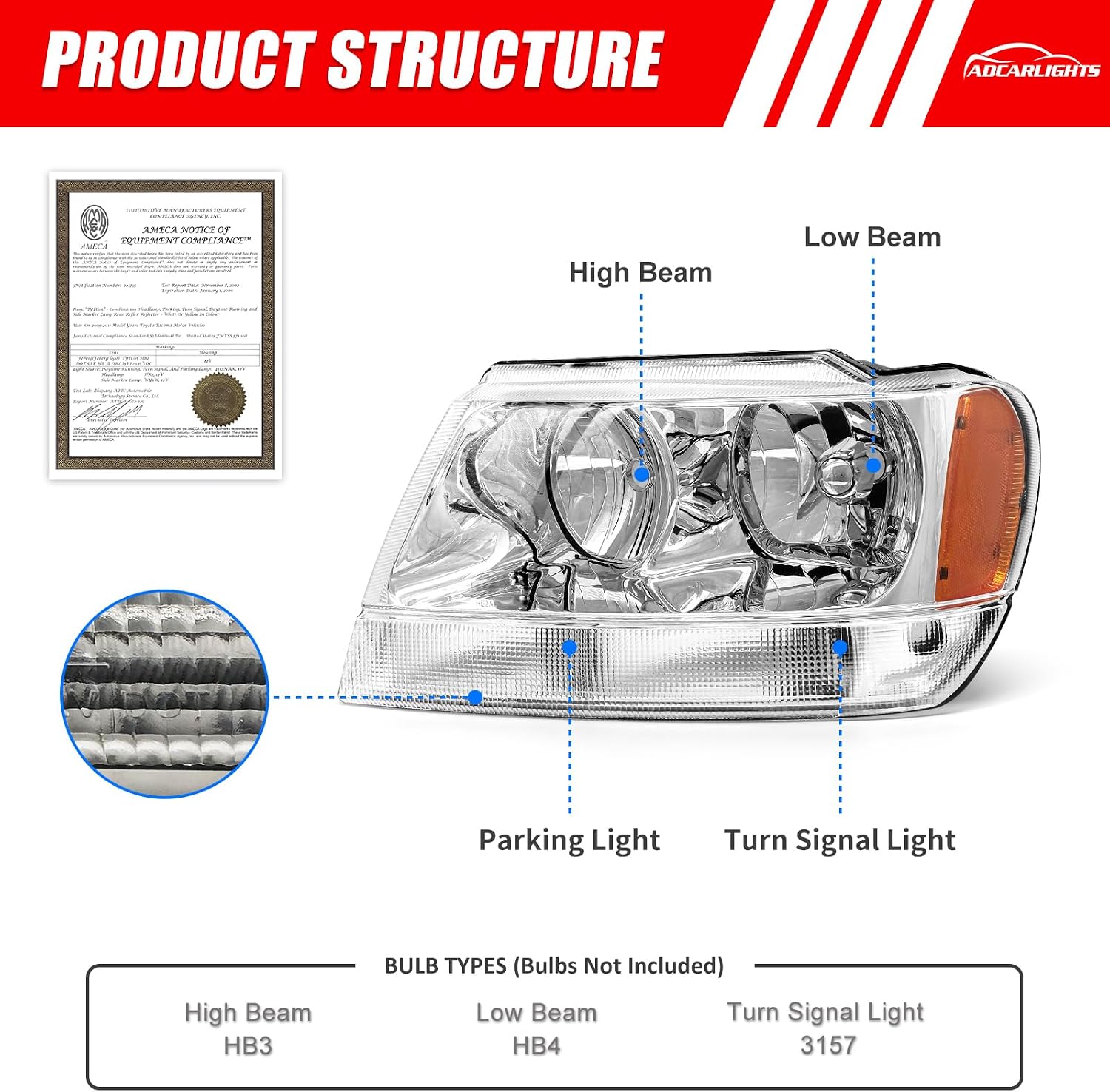 for 1999 2000 2001 2002 2003 2004 Jeep Grand Cherokee Headlight Assembly Compatible with 1999-2004 Jeep Grand Cherokee Chrome Housing Amber Reflector Driver and Passenger Side（W/O Bulbs）