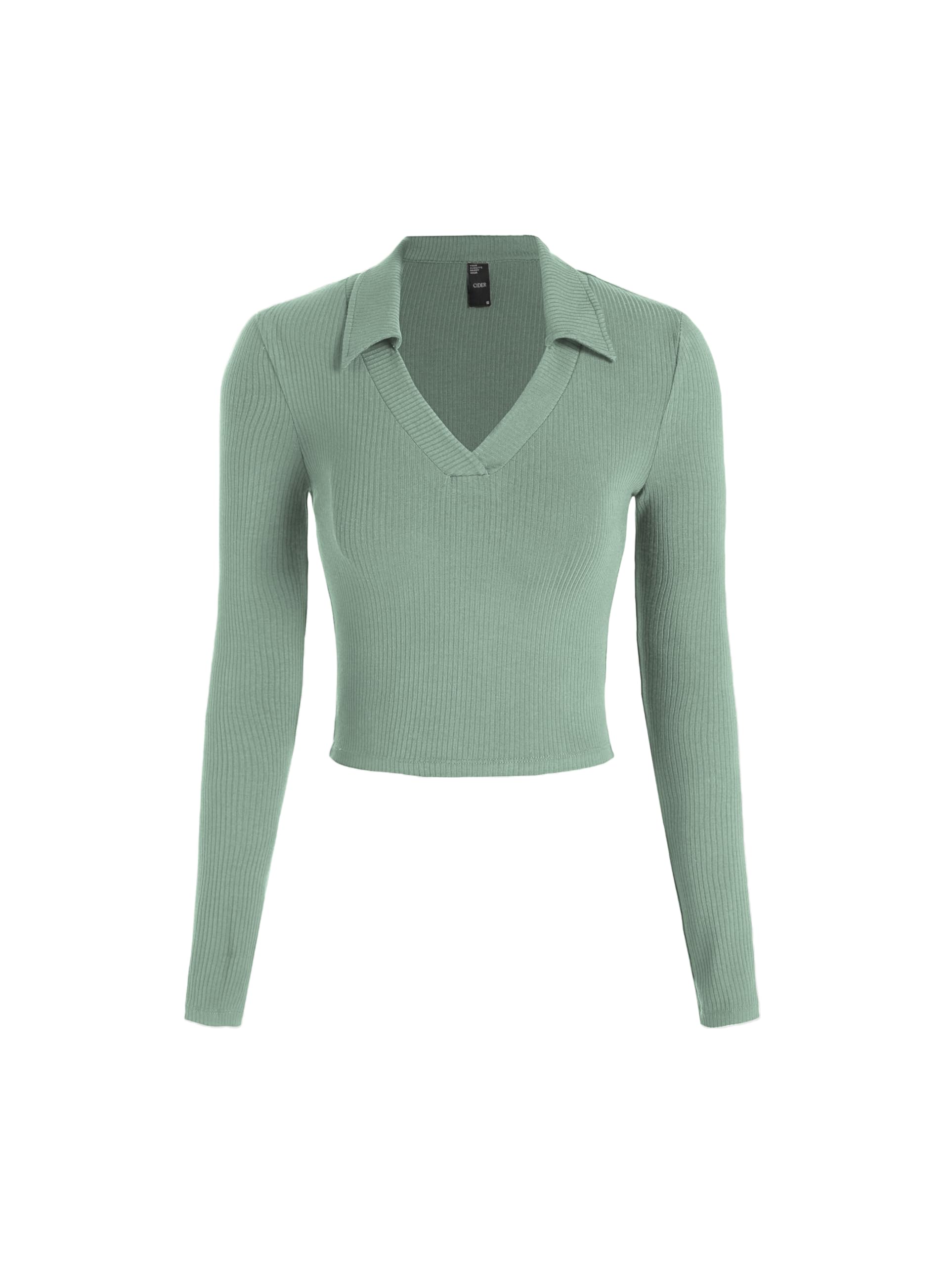 CIDER Fitted Long Sleeve Shirts for Women - V Neck Polo Shirts Business Casual Collared Work Tops Fitted Spring Fall Shirt
