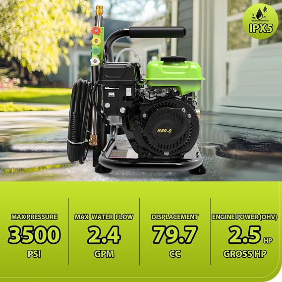Commercial 3500PSI 2.4GPM 79.7CC Gas Pressure Washer, 2.5HP Professional Gas Power Washer with 5 Nozzles 25FT Hose 1L Foam Bottle, Household Pressure Washer Gas Powered (EPA/CARB/ETL Compliant) Green