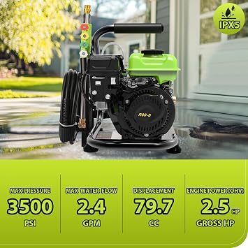 Commercial 3500PSI 2.4GPM 79.7CC Gas Pressure Washer, 2.5HP Professional Gas Power Washer with 5 Nozzles 25FT Hose 1L Foam Bottle, Household Pressure Washer Gas Powered (EPA/CARB/ETL Compliant) Green