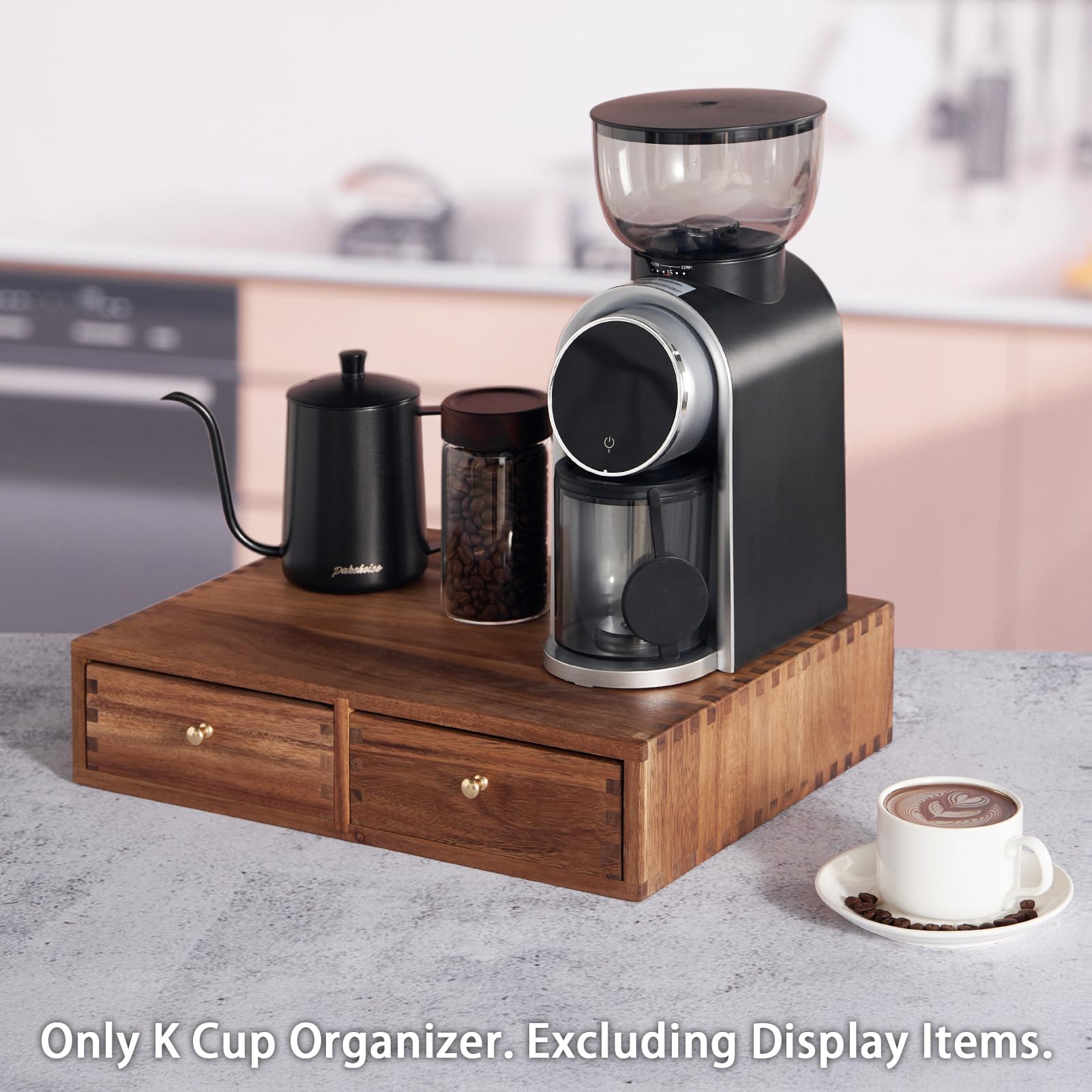 Akazienholz Kaffee-Kapseln Organizer-Schublade, Tee Lagerbox mit rutschfester Matte, für 30 Kapseln, Unter Kaffeemaschine, Arbeitsfläche Kaffeestation Halter Maschinensockel