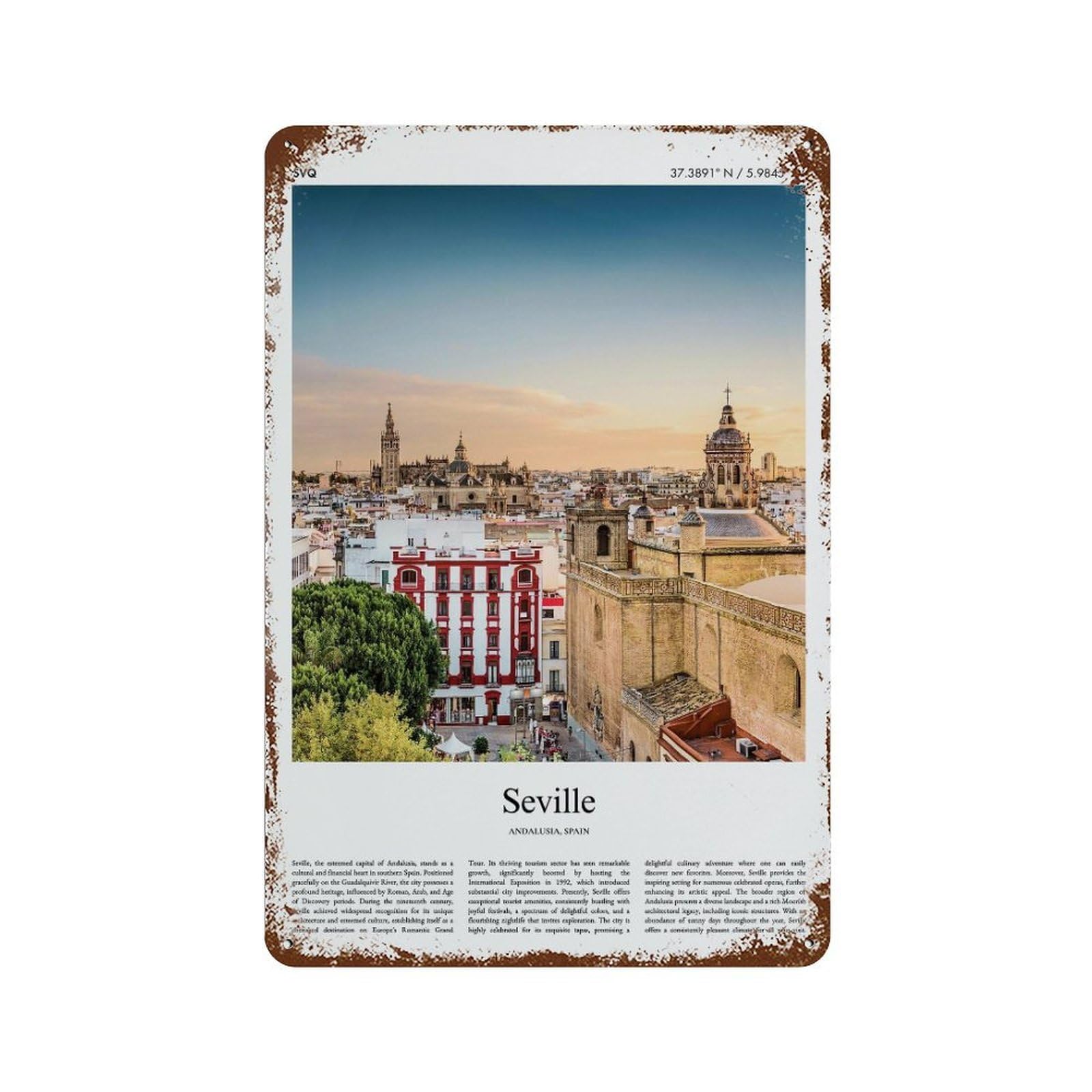 xiaoxiaoshen Seville Andalusia, Spain City Scenery Wall Decor Art Metal Tin Poster Modern Home Decor Art Home Bar Shop Decorations Vintage Sign 30x20cm
