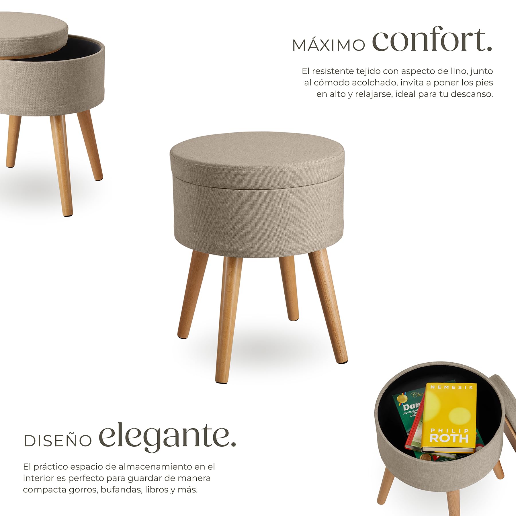 Tectake Puff Almacenaje Dormitorio con Asiento Acolchado Estructura Plegable Banco Taburete 42,5x42,5x45,5 cm Arena
