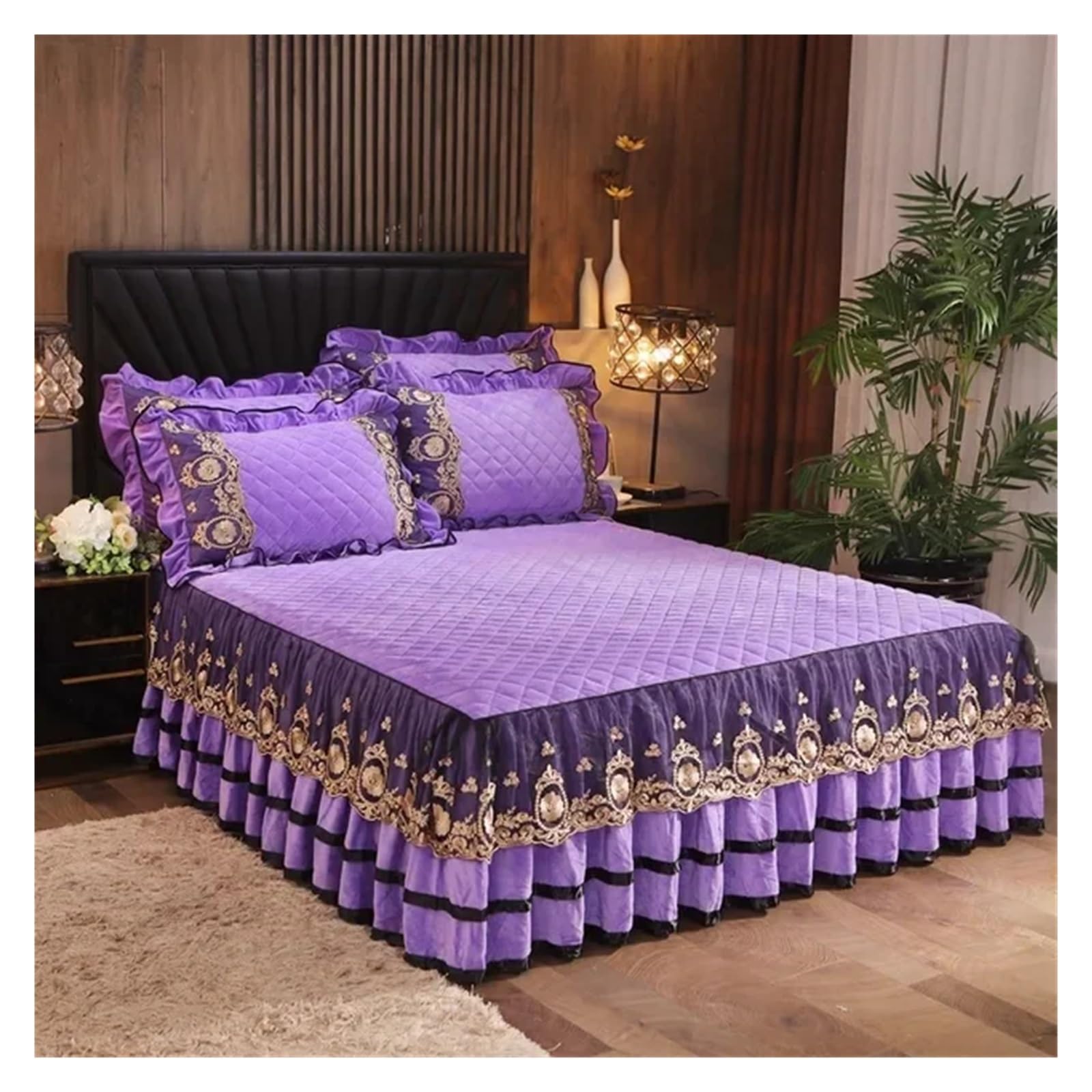 Lace Bed Skirt Bedspreads Bedding Thicken Velvet Plush Quilted Embossing Bed Spread For Home Not Including Pillowcase(06,2 Pillowcase 48x74cm)
