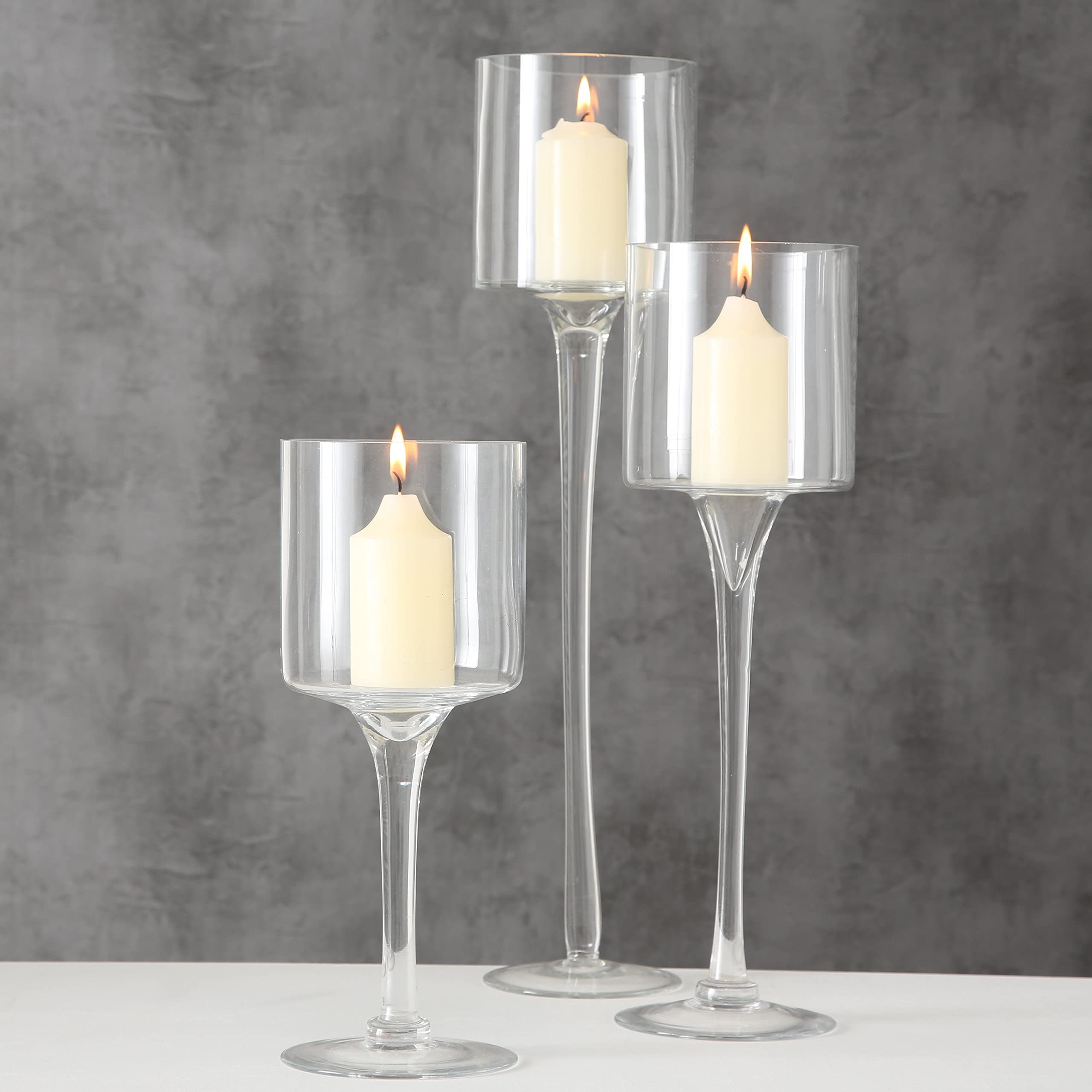 3 Stück Kerzenständer, Teelichthalter Windlicht ohne Kerze, Hohe Elegante Gläser, Stilvolle Dekoration, Design-Windlichter, Höhe 30cm, 40cm, 50cm