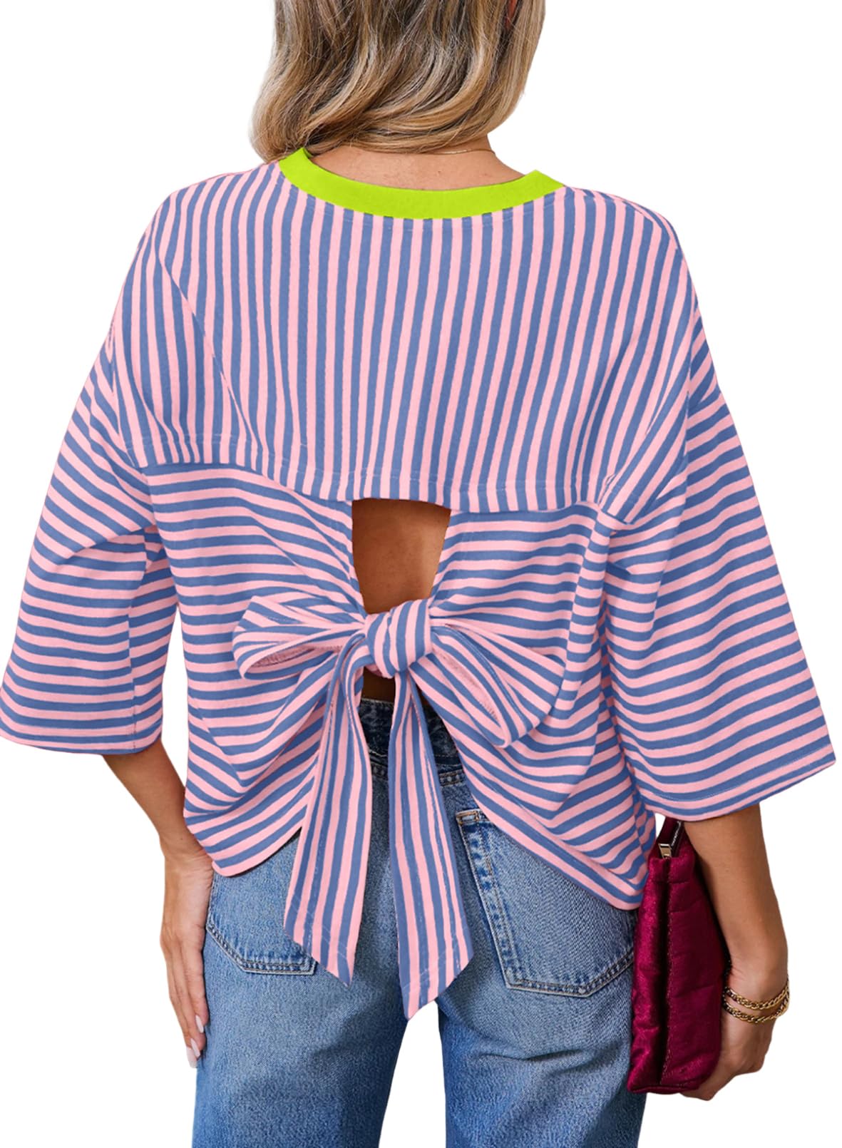 Dokotoo Womens Tops 2026 Striped Tie Back Short Sleeve T Shirts Crewneck Casual Loose Basic Tee Summer Outfits — view 14