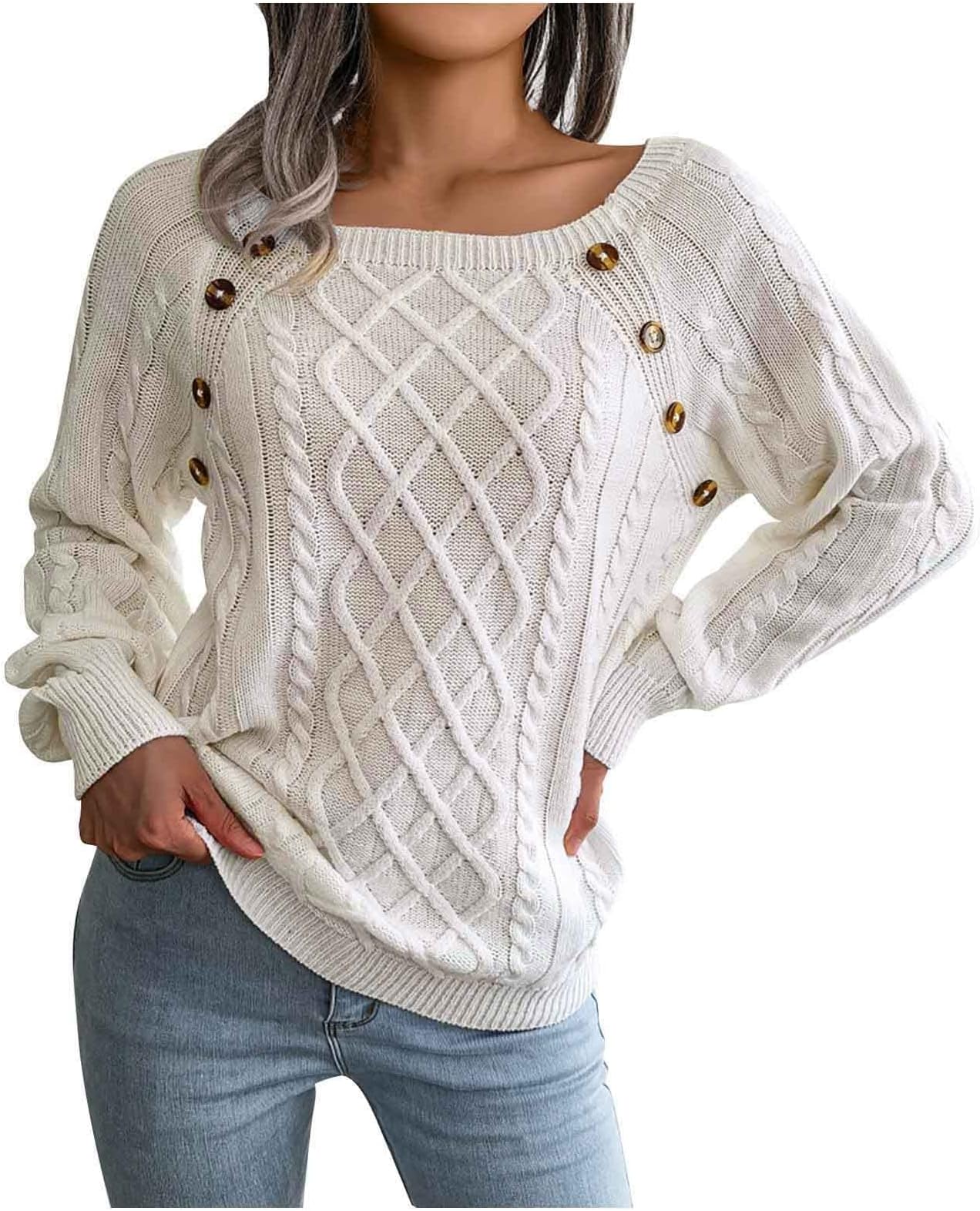 AMhomelyWomen Sweater Autumn Casual Jumper Long Sleeve Tops Pullover Fashion Women Casual Solid Loose Round Neck Sweater Pullver Button Blouse Autumn Tops Ladies Winter Warm Sweatshirt Knitwear