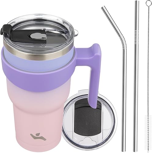 Miniatura 54 de Vaso de 30 onzas con asa y 2 pajitas, 2 tapas, botella de agua aislada de acero inoxidable con vacío, taza de viaje reutilizable, color lavanda