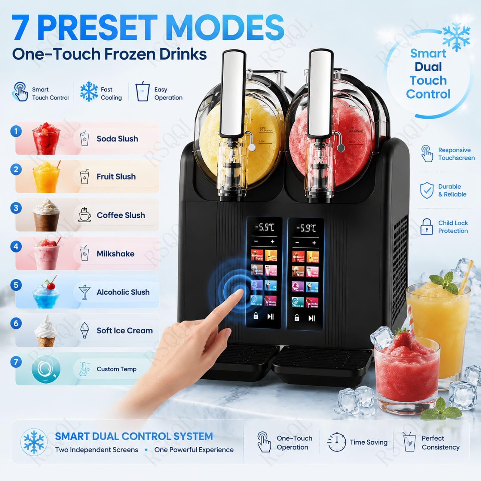 Soft Serve and Slush Machine, 7-in-1 with Dual 2L Hoppers & Touch Screen Display, Makes Smoothies in 18-25 Minuten, Ideal for Home and Commercial Use