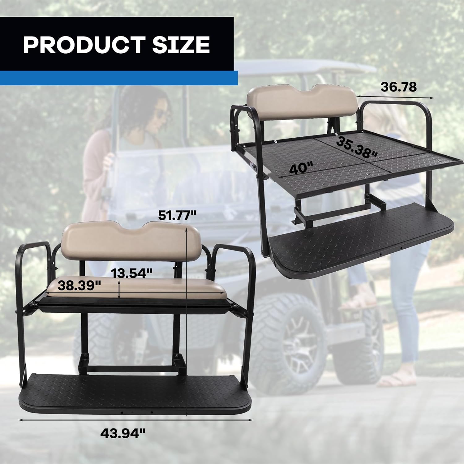EZGO RXV Golf Cart Flip Folding Rear Seat Kit, Stone Beige Cushions, Black Powder-Coated Frame, Plastic Footrest, Cooler Box Cutout, Fit for both Pre-2015 and 2016+ Models