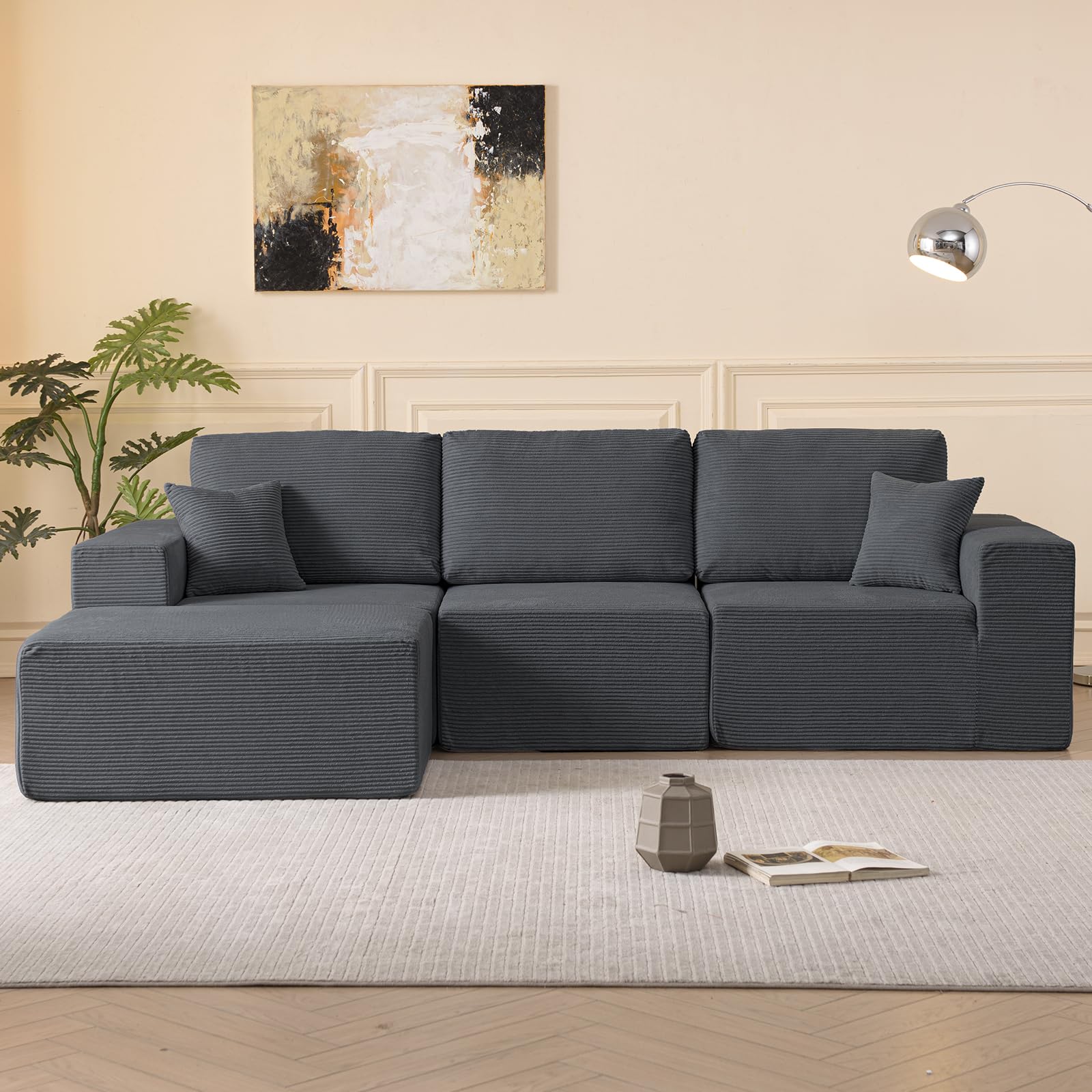 ( incomplete only right side 2 seat with +2 cushion) 108" Modular Sectional Sofa with Lounge Chaise – L-Shape Plush Corduroy Couch with Deep Seat, High-Resilience Sponge, No Assembly Required – for Living Room, Bedroom, or Office, Dark Grey