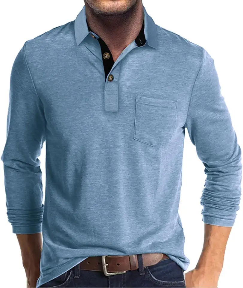 Qekoma Men's Casual Polo Shirts Classic Button Basic Long Sleeve Shirt Solid Color Cotton Tees Stylish Tops
