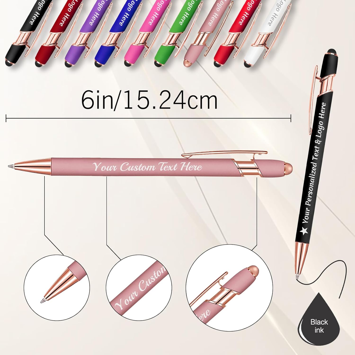 Personalized Pens with Stylus Bulk Custom Pens with Name Logo Business 30 Engraved Ballpoint Pens Text Writing Customized Gift for Men Women Black Ink Graduation Marketing