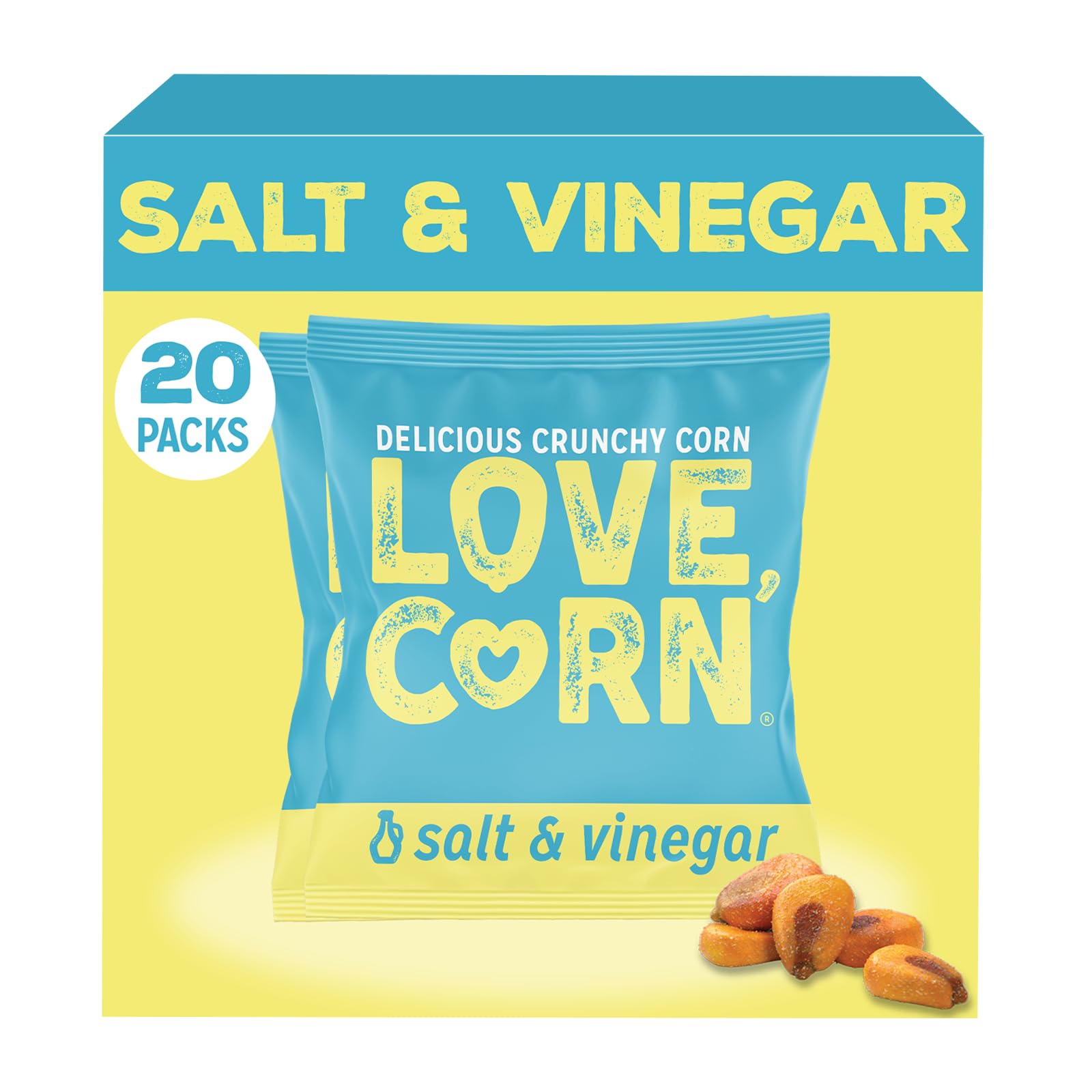 LOVE CORN Salt & Vinegar 0.7oz x 20 Bags - Delicious Crunchy Corn - Healthy Family Snacks - Gluten Free, Kosher, NON-GMO - Alternative for Chips, Nuts, Crackers & Pretzels - Perfect for Charcuterie