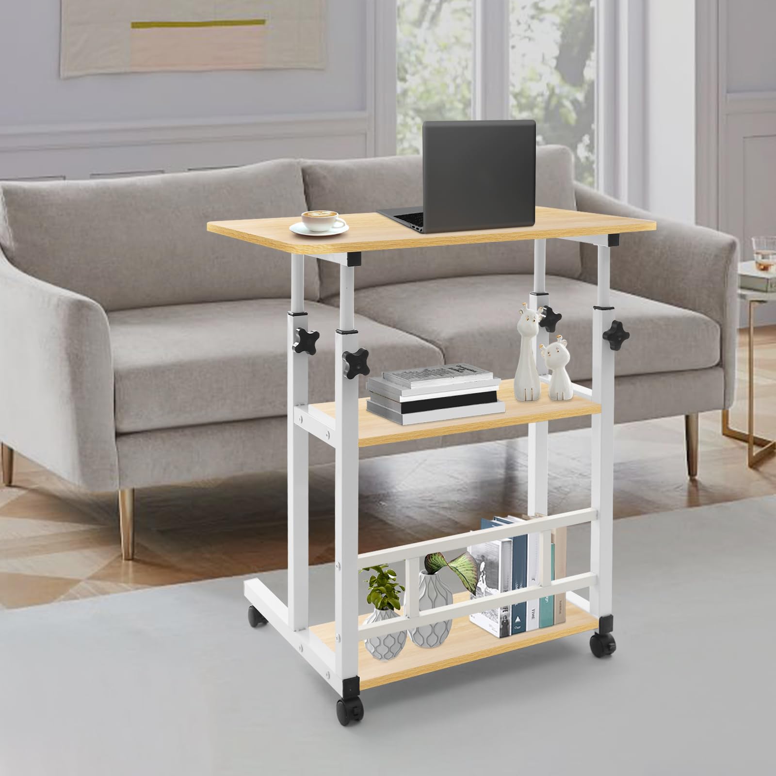 Comodino regolabile Overbed, scrivania mobile a 3 livelli, per soggiorno, ufficio, casa, studio, colore legno, 60 x 40 cm, altezza regolabile: 60 – 90 cm