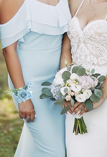 Miniatura 6 de Ansofi Juego de 6 ramilletes de muñeca azul polvoriento, para boda, fiesta de graduación, pulseras de ramillete de flores artificiales, pulsera de