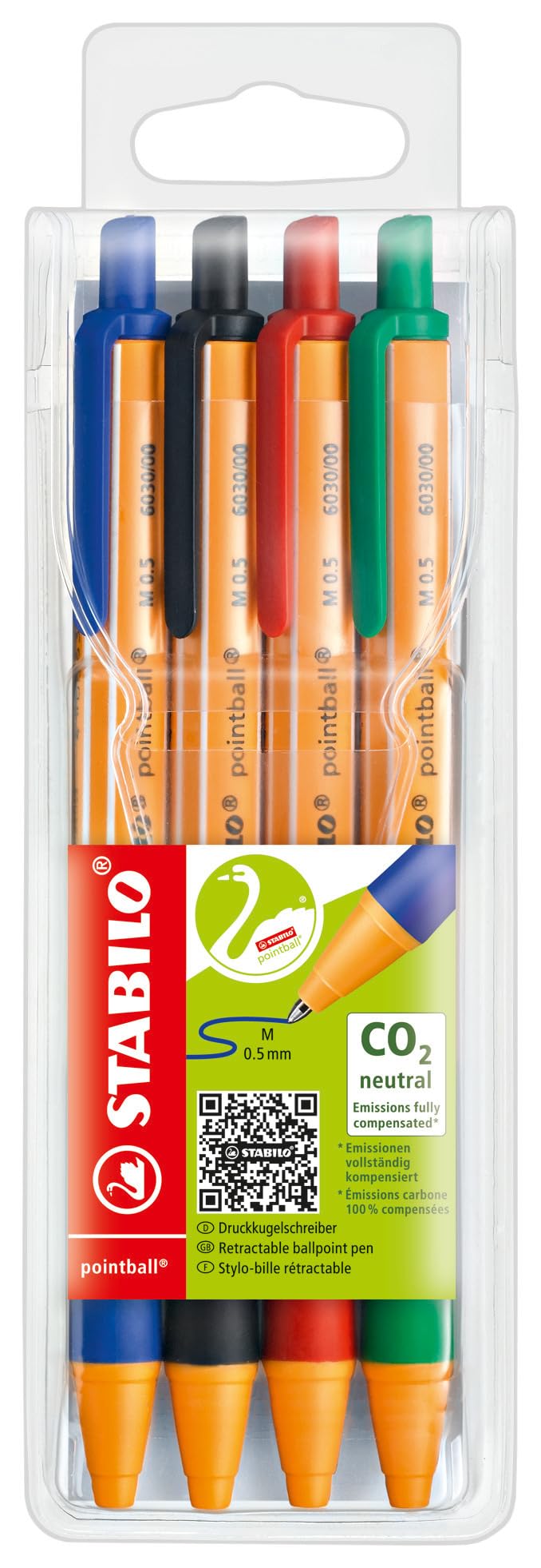 Stabilo Pointball 6030-4 Oil-based Ballpoint Pen, 0.02 inch (0.5 mm), 4 Colors