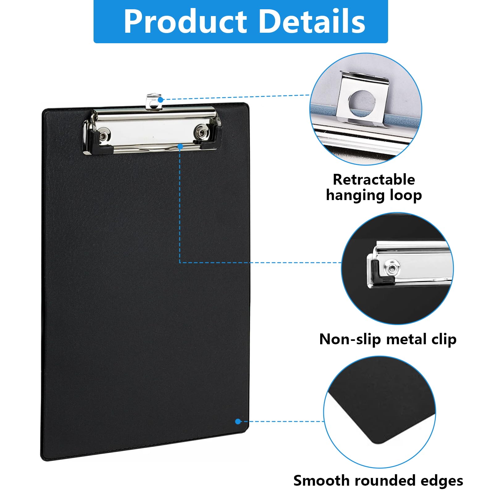Lot de 6 Porte Bloc A4, Noir avec Pince Métallique Gommée, Clipboard en Plastique Rigide A4, Planchette pour Bureau, Étudiants, Organisation de Documents (Noir)
