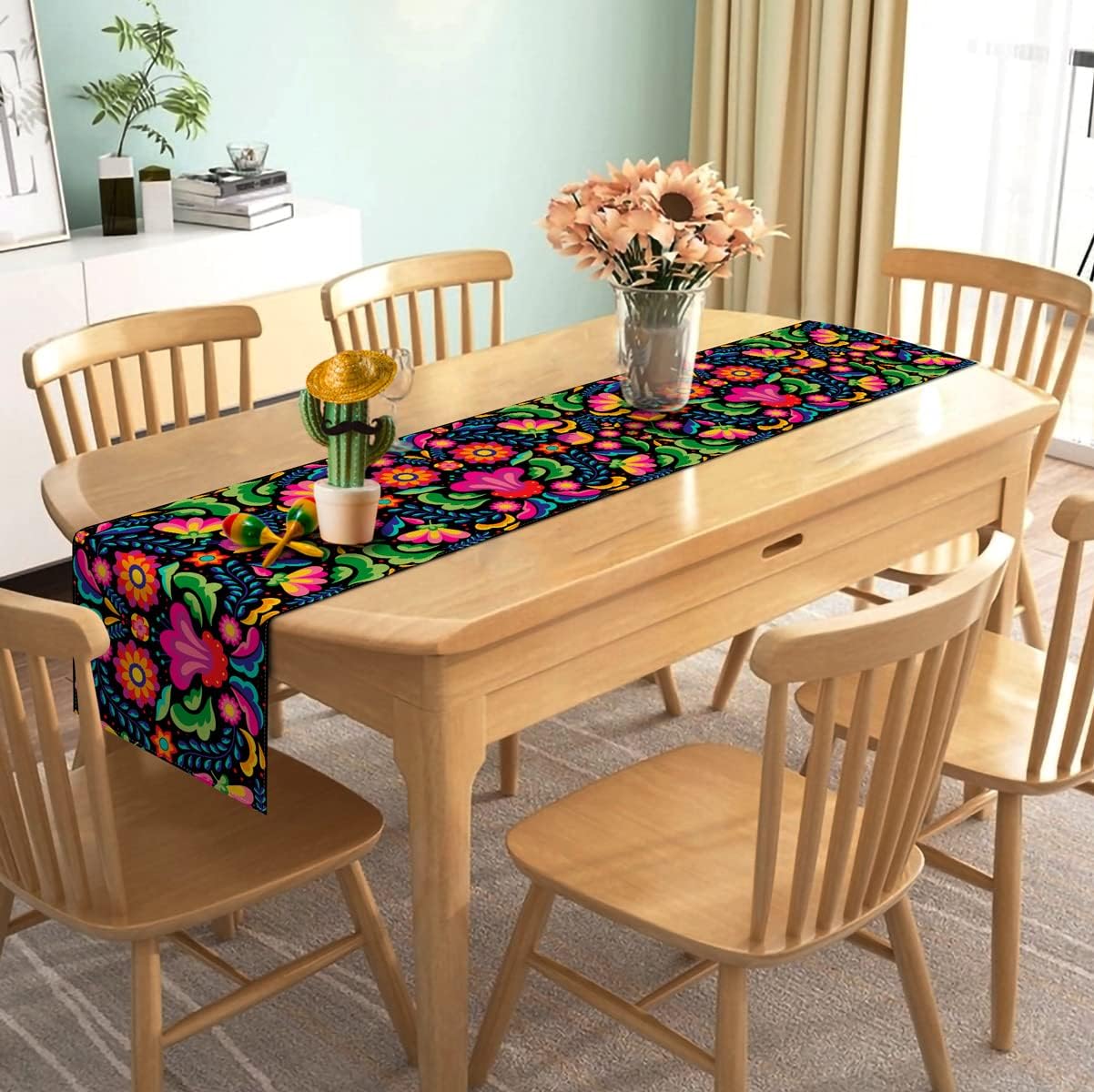 Nepnuser Mexican Fiesta Table Runner Dia De Los Muertos Decorations Cinco De Mayo Rustic Linen Home Dining Room Kitchen Table Decor 72 Inches Long