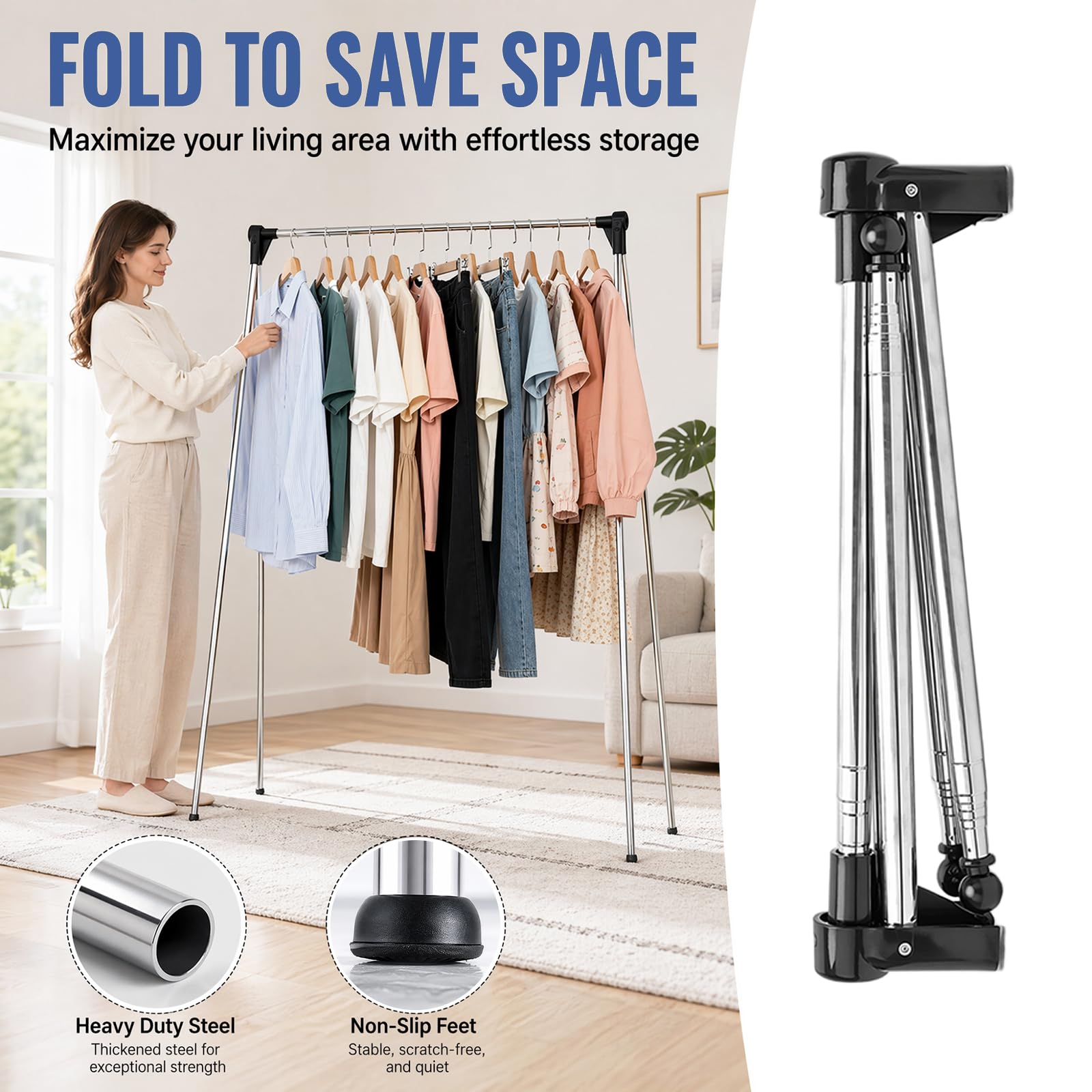 Gohytal Perchero plegable, perchero, perchero, perchero, estante para ropa, altura ajustable de 35 a 133 cm, longitud ajustable de 34 a 70 cm, tendedero portátil de viaje
