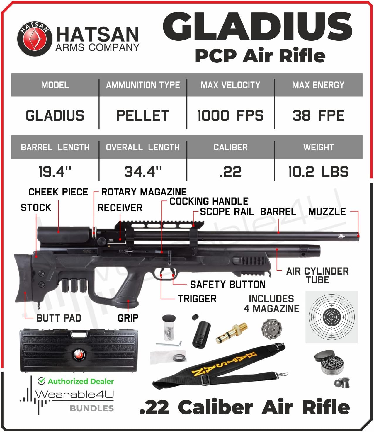 Gladius Air Rifle with Included Wearable4U 100x Paper Targets and Lead Pellets Bundle