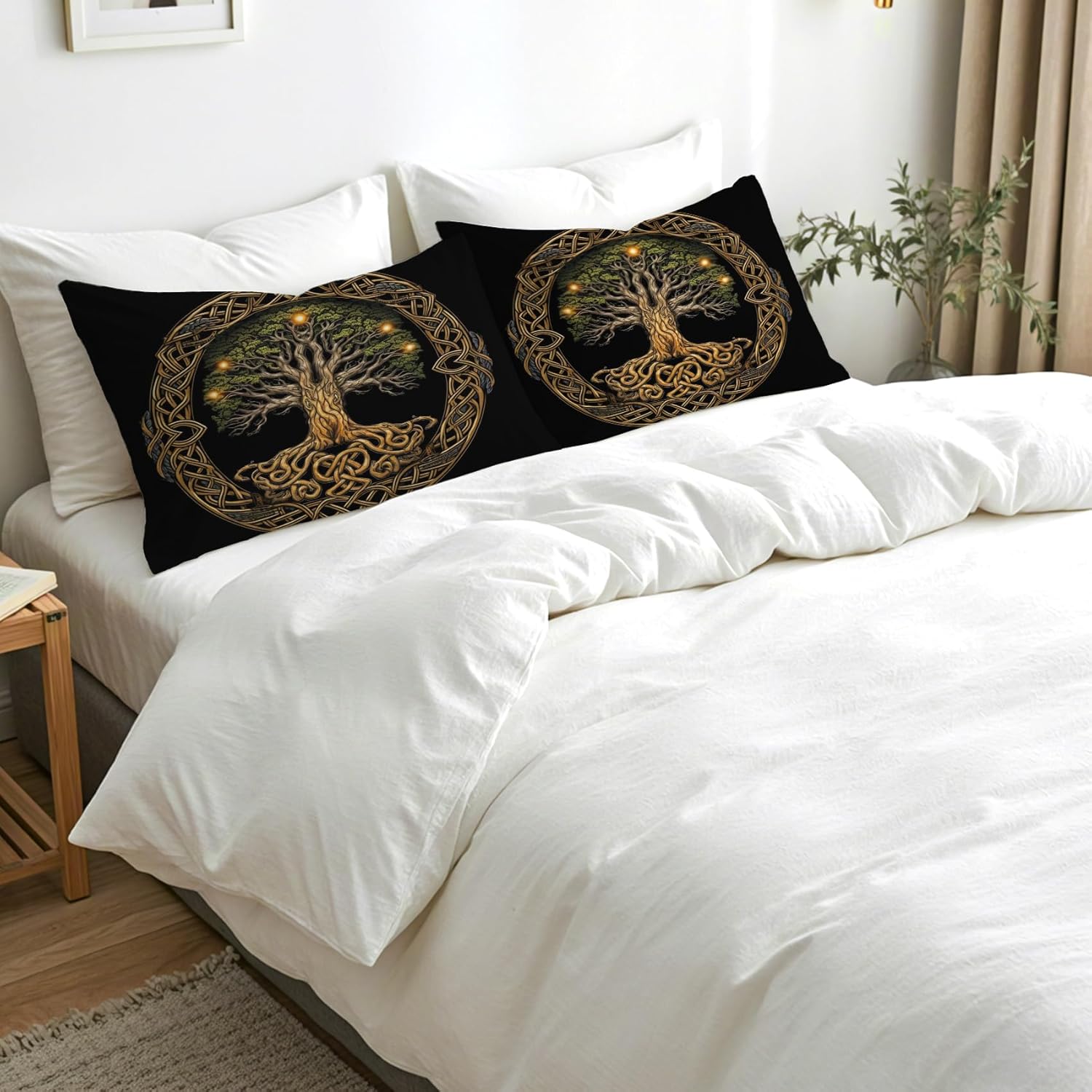 Tree of Life Pillow Cases Queen Size Set of 2 - Soft Breathable Microfiber Pillowcases with Envelope Closure, Nordic Mythology Viking Patterned Pillow Covers, Tree of Life Gifts