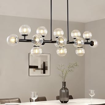 Modern Dining Room Black Chandelier L48 Linear Sputnik Ceiling Light Fixture with Ribbed Glass Globe Bubble 16-Light Mid-Century Chandelier Dimmable for Kitchen Island Living Room