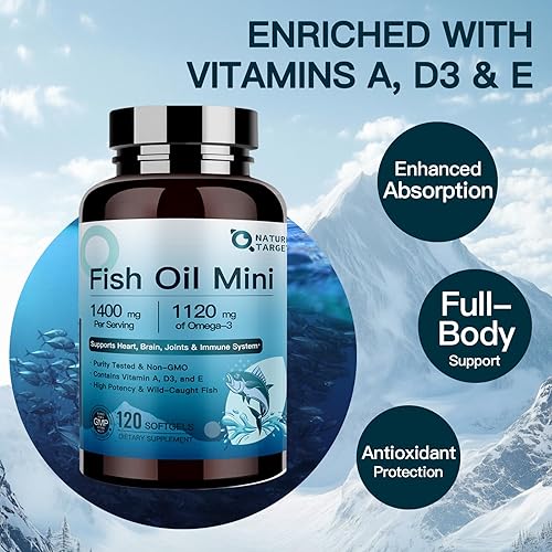 Miniatura 6 de NATURE TARGET Aceite de pescado Mini 1400 mg, suplemento Omega 3 de alta potencia con vitaminas A y D3 y E, apoya el corazón, el cerebro, las
