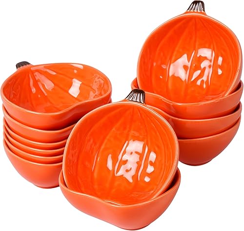 Kolewo4ever 12 piezas de ramequines de calabaza de Acción de Gracias, cuencos de cerámica, cuenco de calabaza de 6 onzas, apto para horno, para