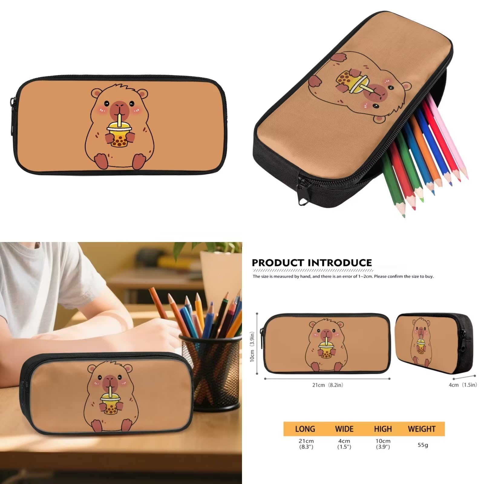 Howilath Mochila De Niña - Set zaino e portapranzo per bambine dai 6 agli 8 anni, 8-10 anni, 10-12 anni, 4 pezzi, con astuccio, custodia per bottiglia d'acqua, Capybara Bere Bubble Tea, L, Classico