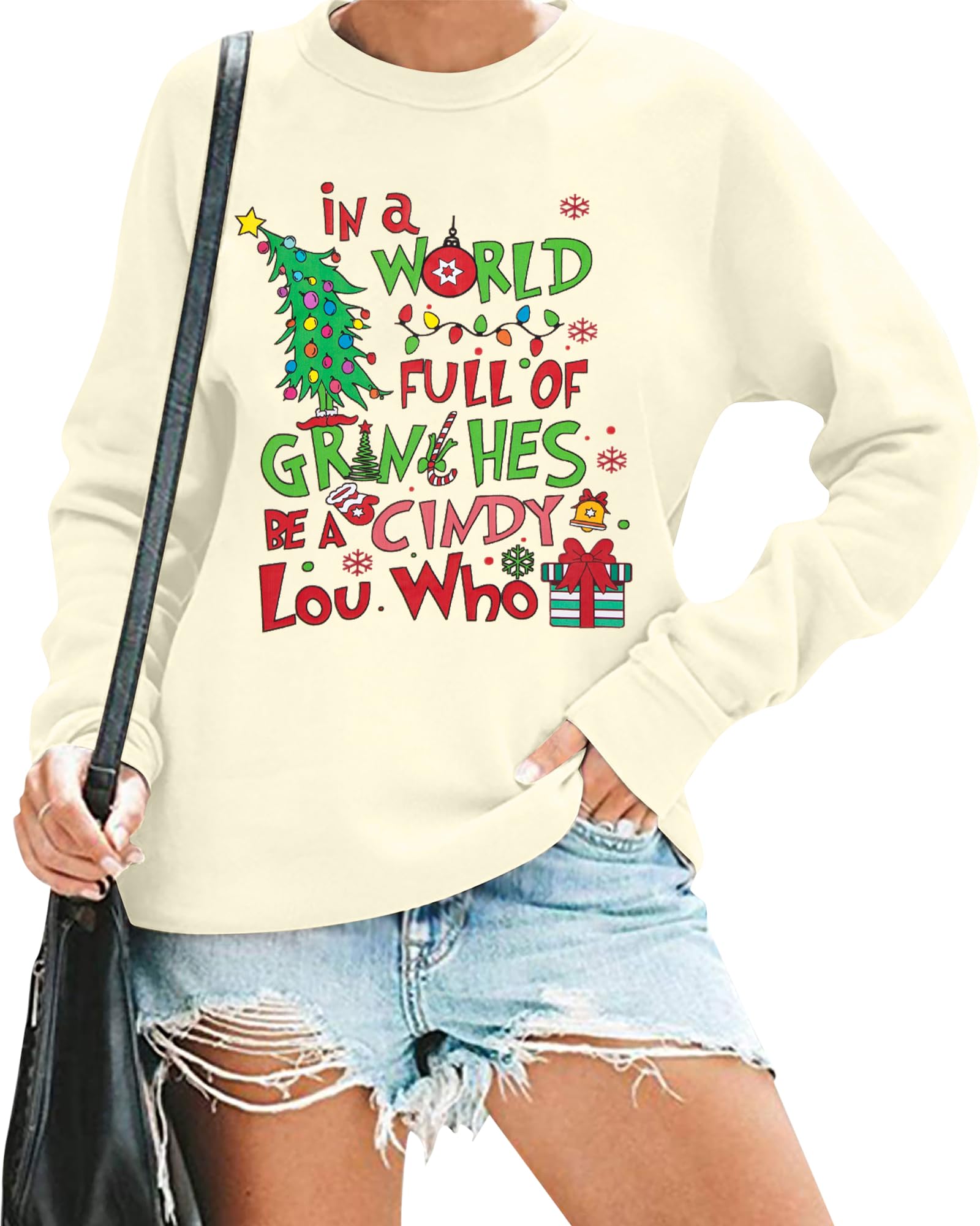 KIMSOONGChristmas Sweatshirt for Women Be A Cindy Lou Who Shirt Cute Christmas Graphic Tshirts Oversized Long sleeve Tops