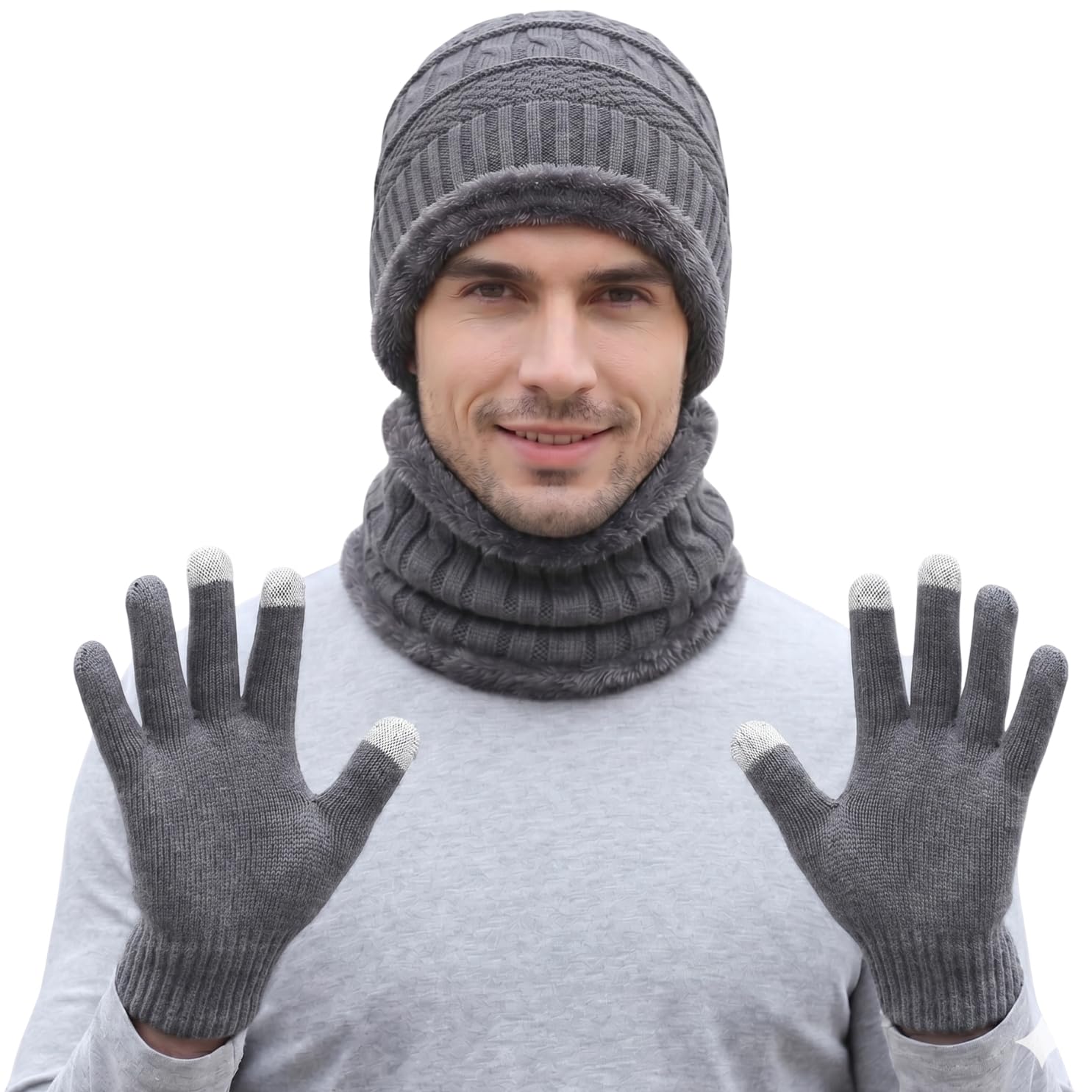 Winter Knit Beanie, Hat, Neck Warmer Scarf and Woolen Gloves Set - Skull Cap for Men & Women (3 Piece)-image-36