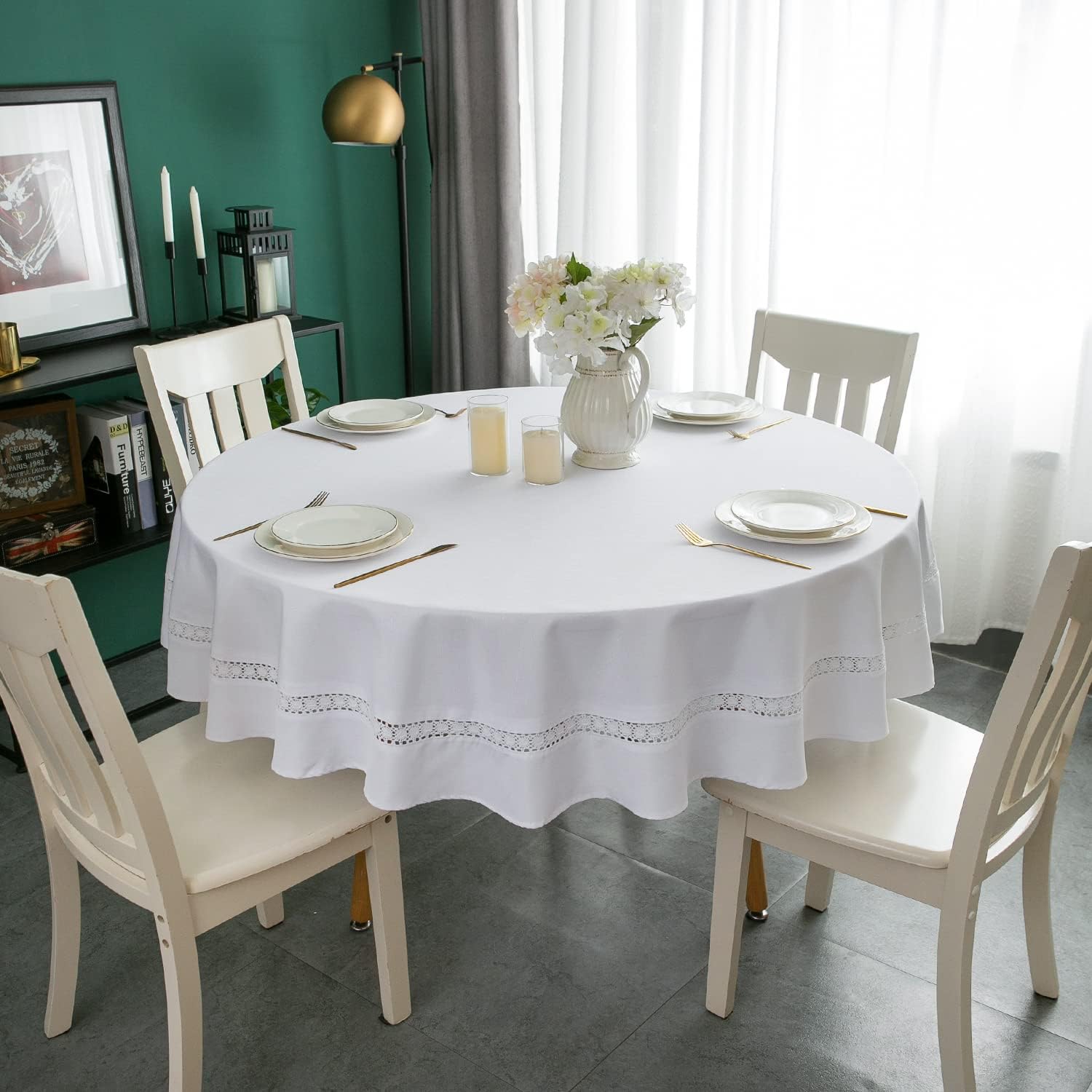 EHouseHome Heavy Duty Fabric Tablecloth with White Lace-Waterproof/Wrinkle Free/Stain Resistant/Oil Proof-for Dining,Indoor&Outdoor,Wedding,Holiday,White,Round 70Inch - Image 2