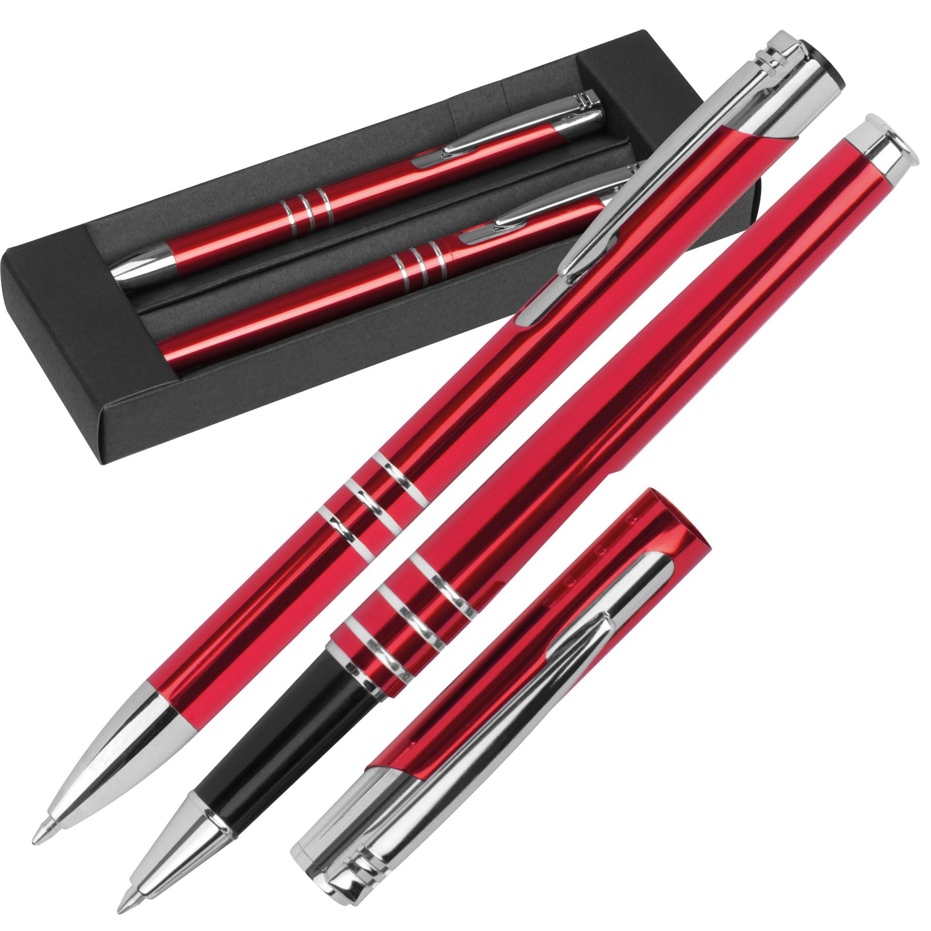 50x Hochwertiges Metall-Schreibset – Kugelschreiber & Rollerball mit blau schreibender Mine – Elegantes Design im schwarzen Etui – Erhältlich in Blau, Rot, Schwarz & Weiß