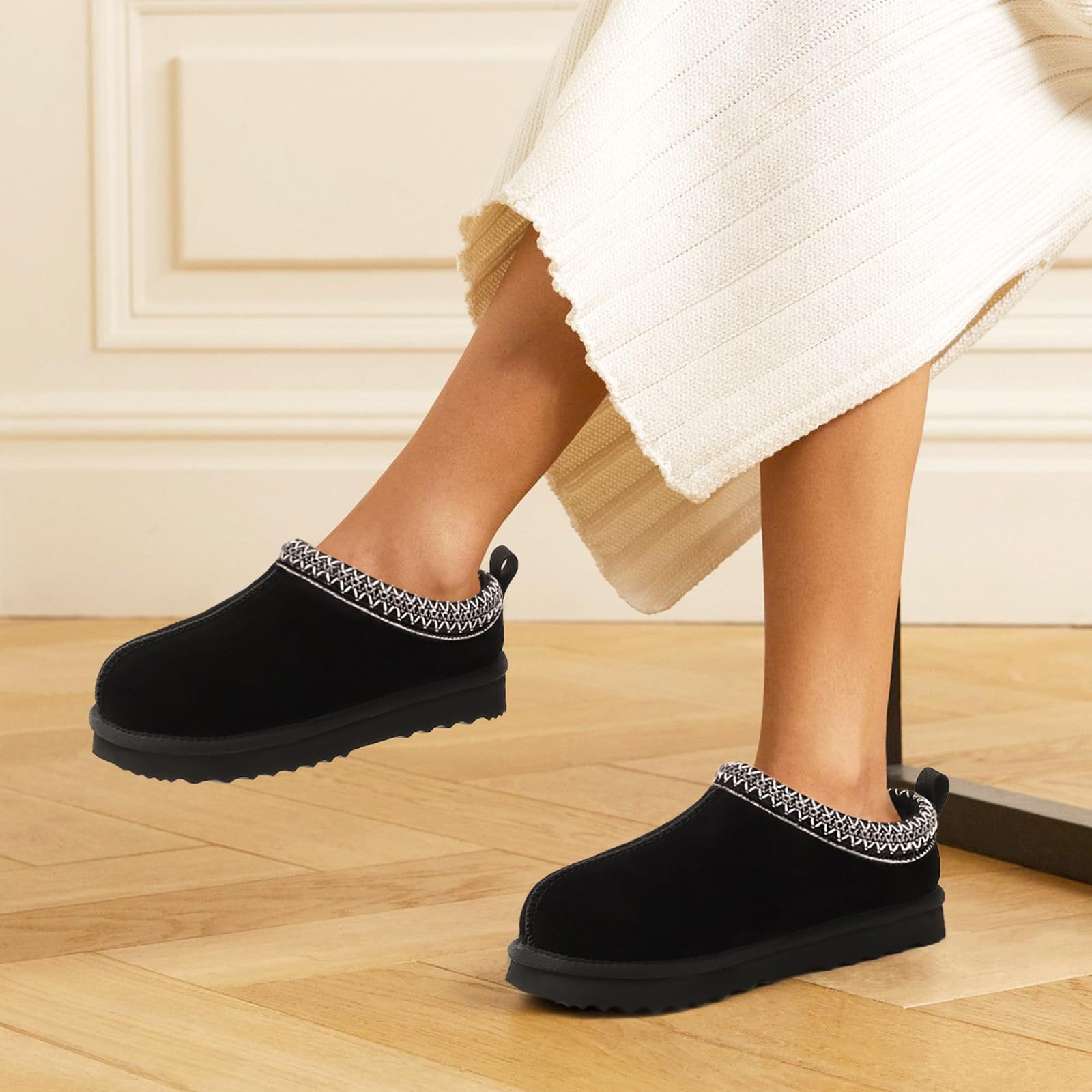 Litfun Pantuflas peludas para mujer, de gamuza auténtica, esponjosas, para invierno, acogedoras, peludas, cálidas, para interiores y exteriores