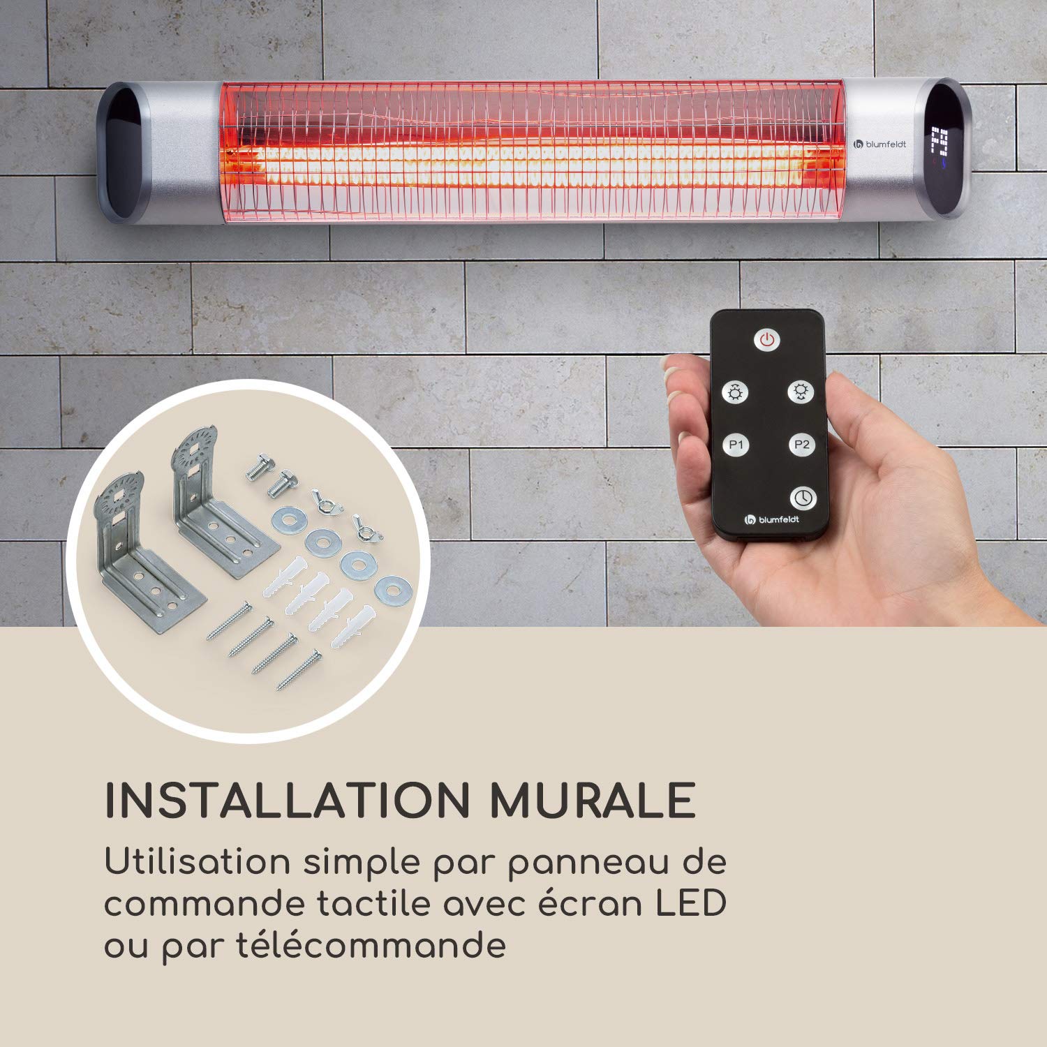 Blumfeldt Dark Wave Chauffage infrarouge, Chauffage de terrasse, MinimalGlare Heating Tube : tube carbone doré, 24 niveaux de chauffe, minuterie, IP65, écran LED, plafond 2000 W, argent