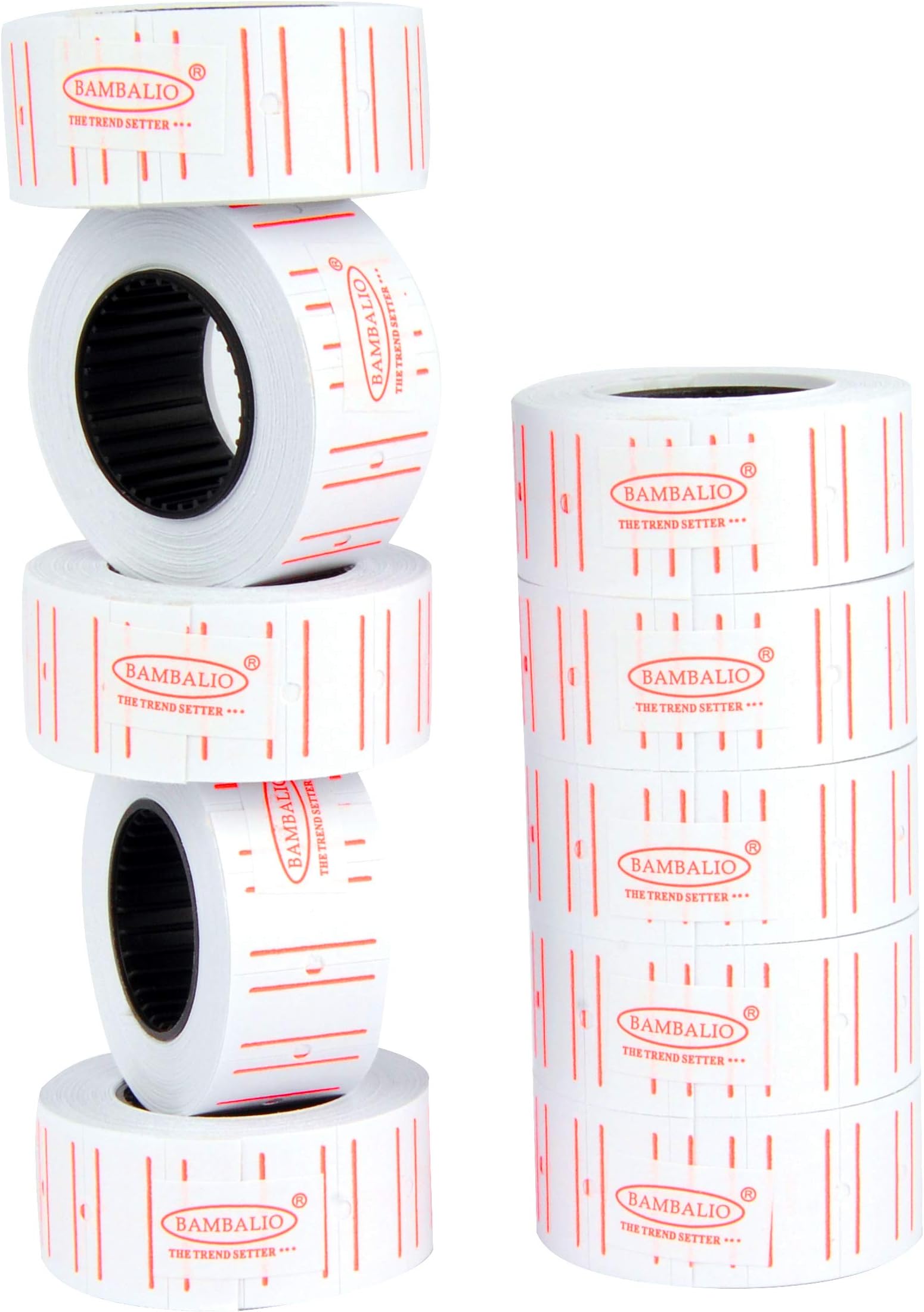 Bambalio White Colour Label Rolls with Two Red Lines Border 10 Label Rolls Compatible with All Single Line Labeling Machines- BLR-WP(T) ECO