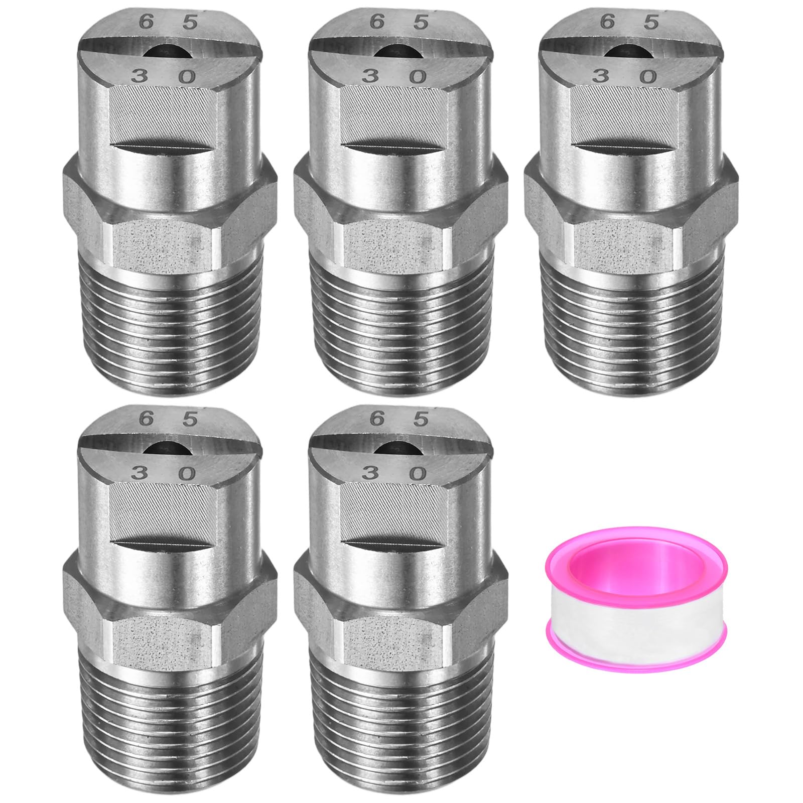 M METERXITY 5-Pack Sprayer Nozzle Tips, 3/8 BSPT Male Thread 65° 304 Stainless Steel Flat Fan Spray Tips with Tape for Irrigation, Replacement of Knapsack Nozzles [Silver Tone, 3.6mm Pore]